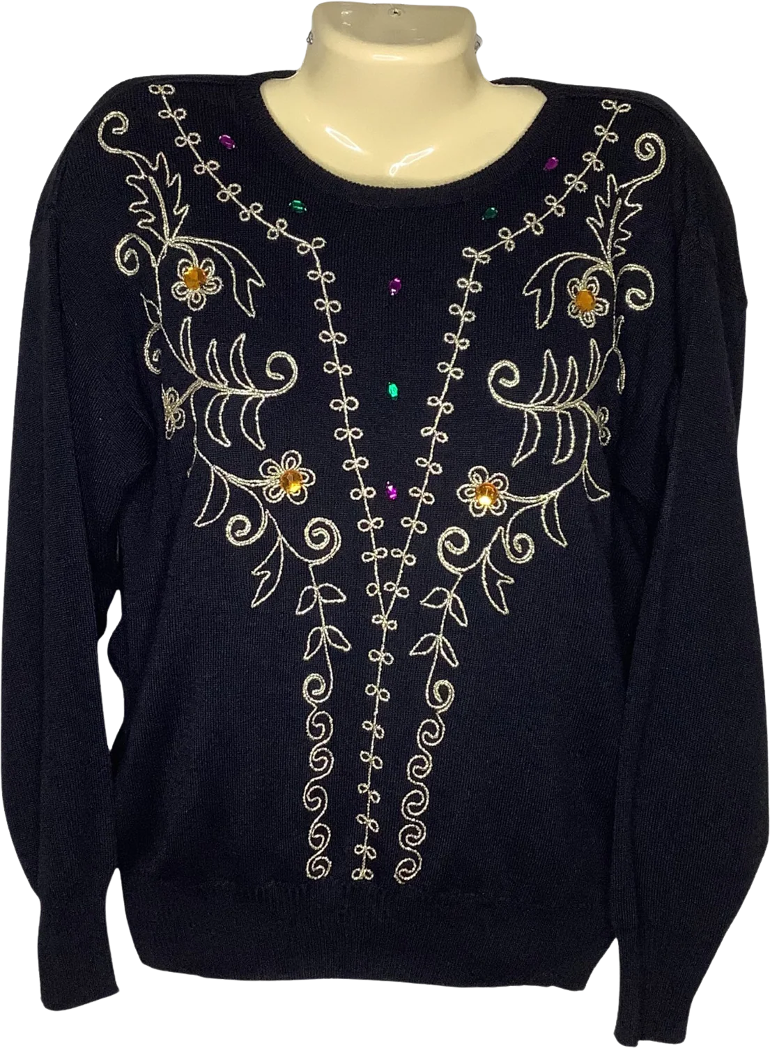 Vtg Sweater 80s 90s Medium Jeweled Embellished Black Gold Weave Floral Pullover