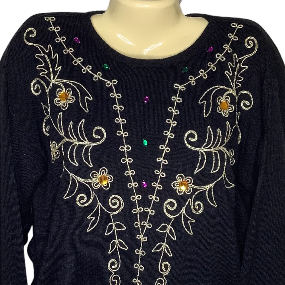 Vtg Sweater 80s 90s Medium Jeweled Embellished Black Gold Weave Floral Pullover - Image 4
