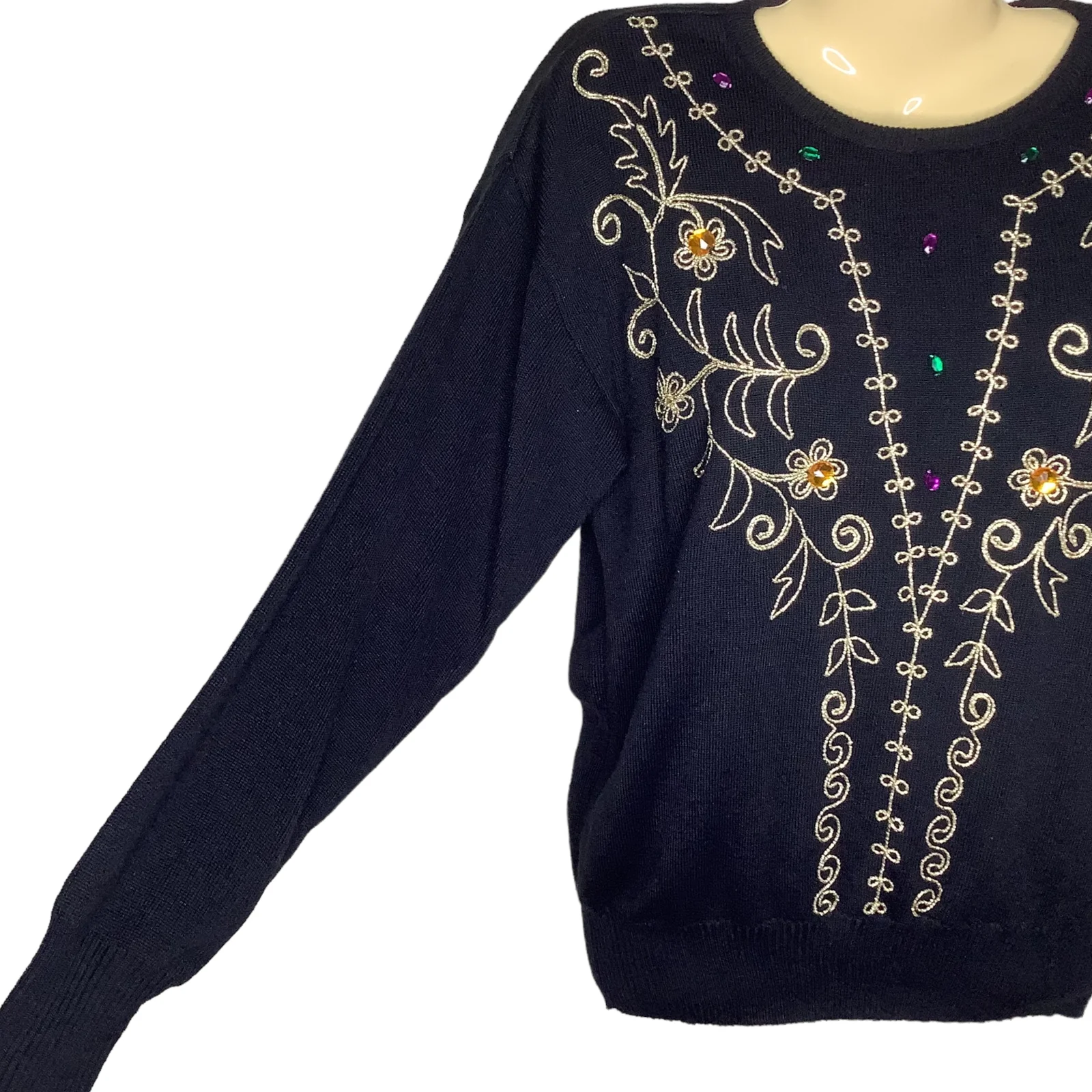 Vtg Sweater 80s 90s Medium Jeweled Embellished Black Gold Weave Floral Pullover - Image 5