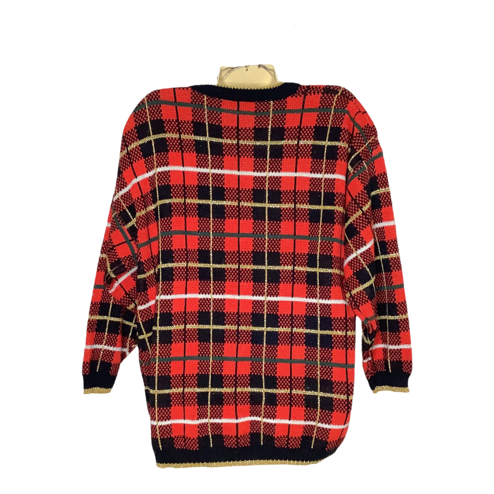 Vtg Sweater 90s Oversized Medium Red Metallic Knit Tartan Plaid V-Neck Christmas - Image 2