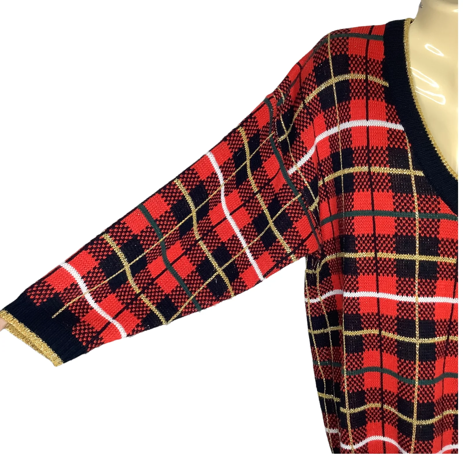 Vtg Sweater 90s Oversized Medium Red Metallic Knit Tartan Plaid V-Neck Christmas - Image 5
