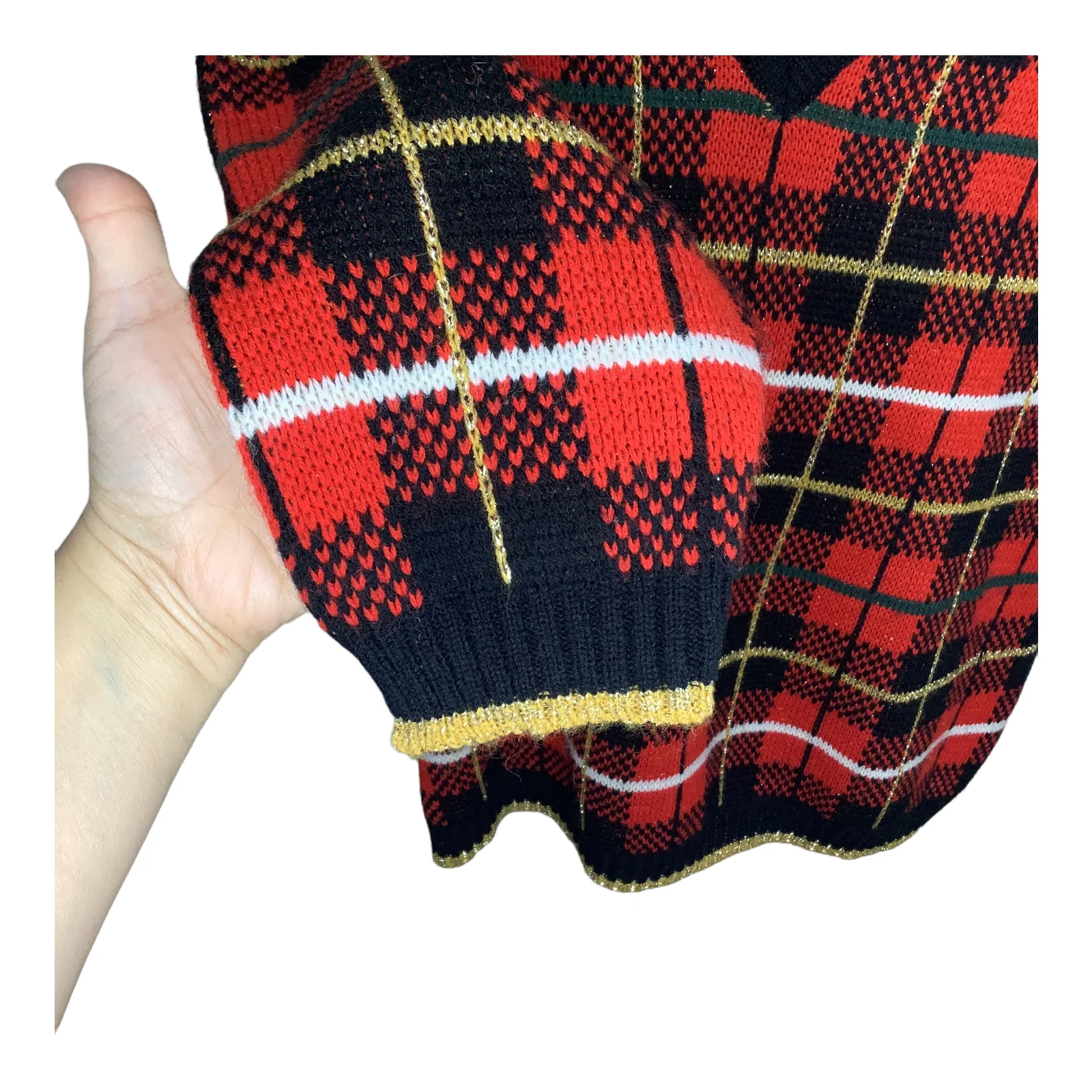 Vtg Sweater 90s Oversized Medium Red Metallic Knit Tartan Plaid V-Neck Christmas - Image 7