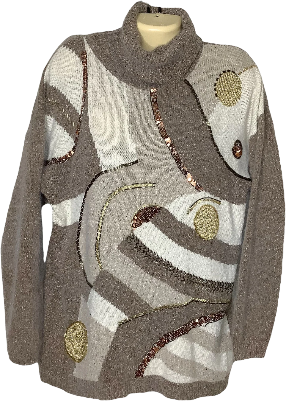 Vtg Sweater L 80s Abstract Cowl Neck Gold Sequins Fuzzy Silk Angora Wool Relaxed