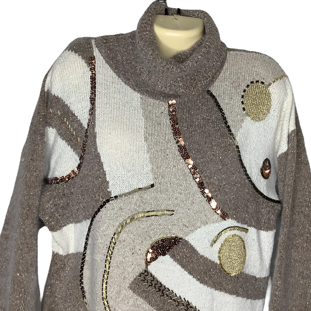 Vtg Sweater L 80s Abstract Cowl Neck Gold Sequins Fuzzy Silk Angora Wool Relaxed - Image 4