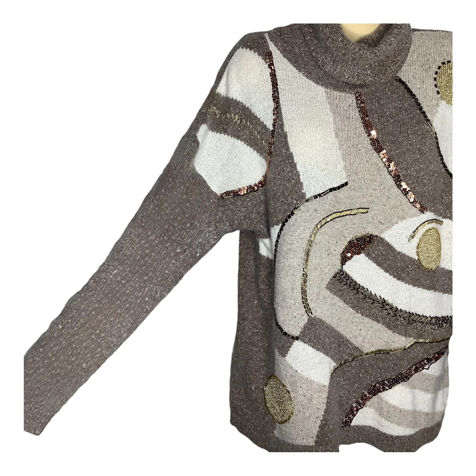 Vtg Sweater L 80s Abstract Cowl Neck Gold Sequins Fuzzy Silk Angora Wool Relaxed - Image 6