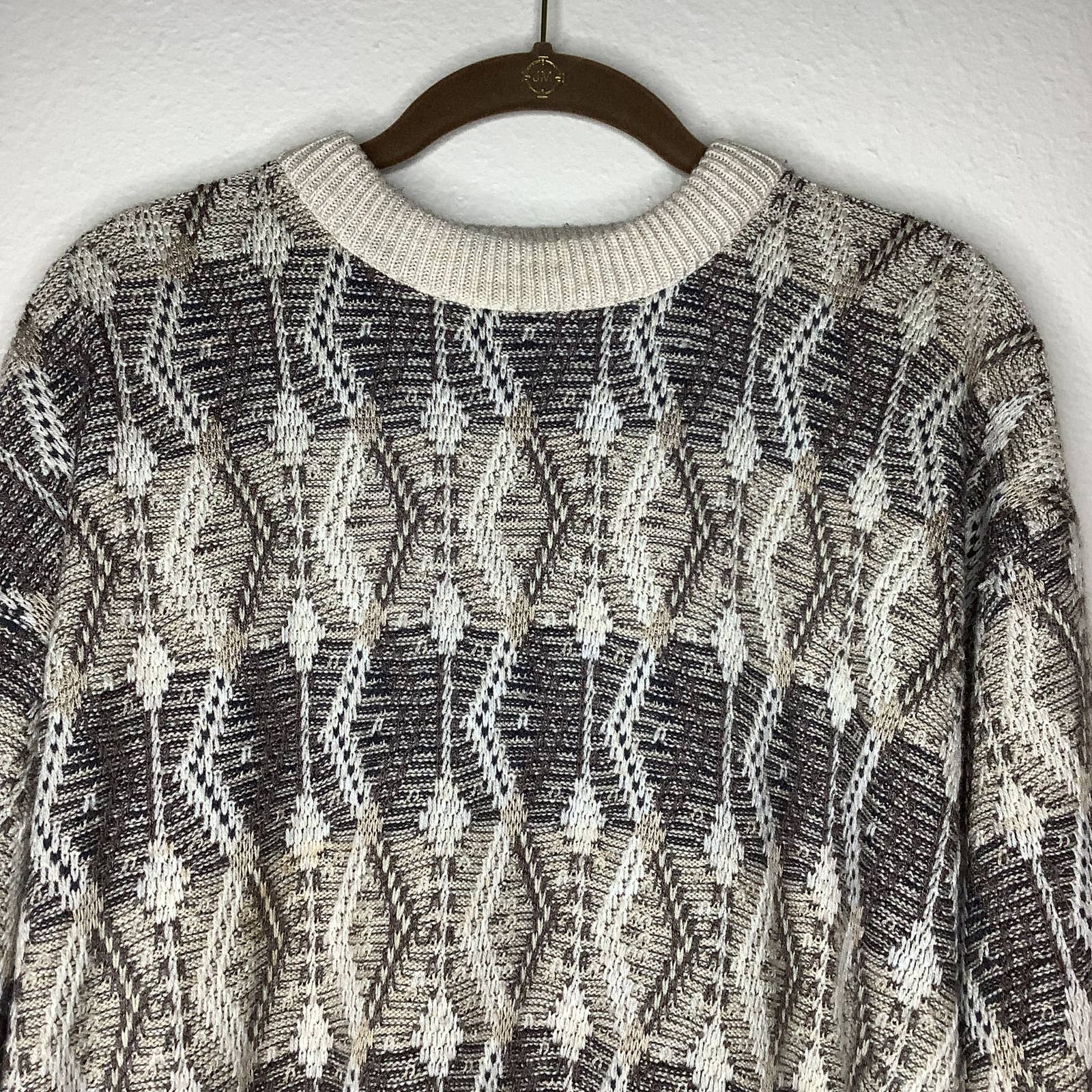 Vtg Sweater Medium Tan Dad Grandpa Grunge Preppy Geo Knit Crew Neck 90s by Jantzen - Image 2