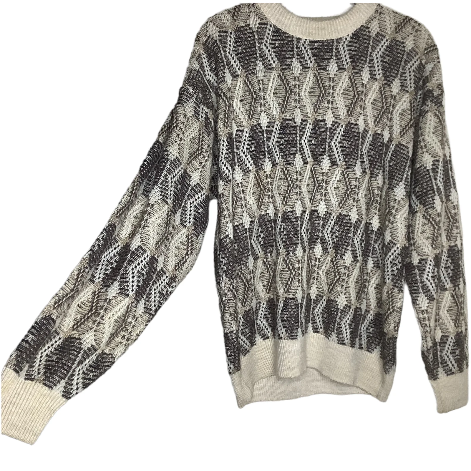 Vtg Sweater Medium Tan Dad Grandpa Grunge Preppy Geo Knit Crew Neck 90s by Jantzen - Image 4