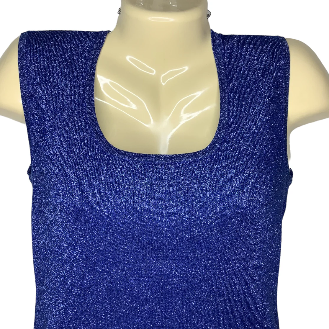 Vtg Top 90s 00s Fitted Medium Blue Silk Metallic Knit Sparkle Sleeveless Glam by Joseph A - Image 5
