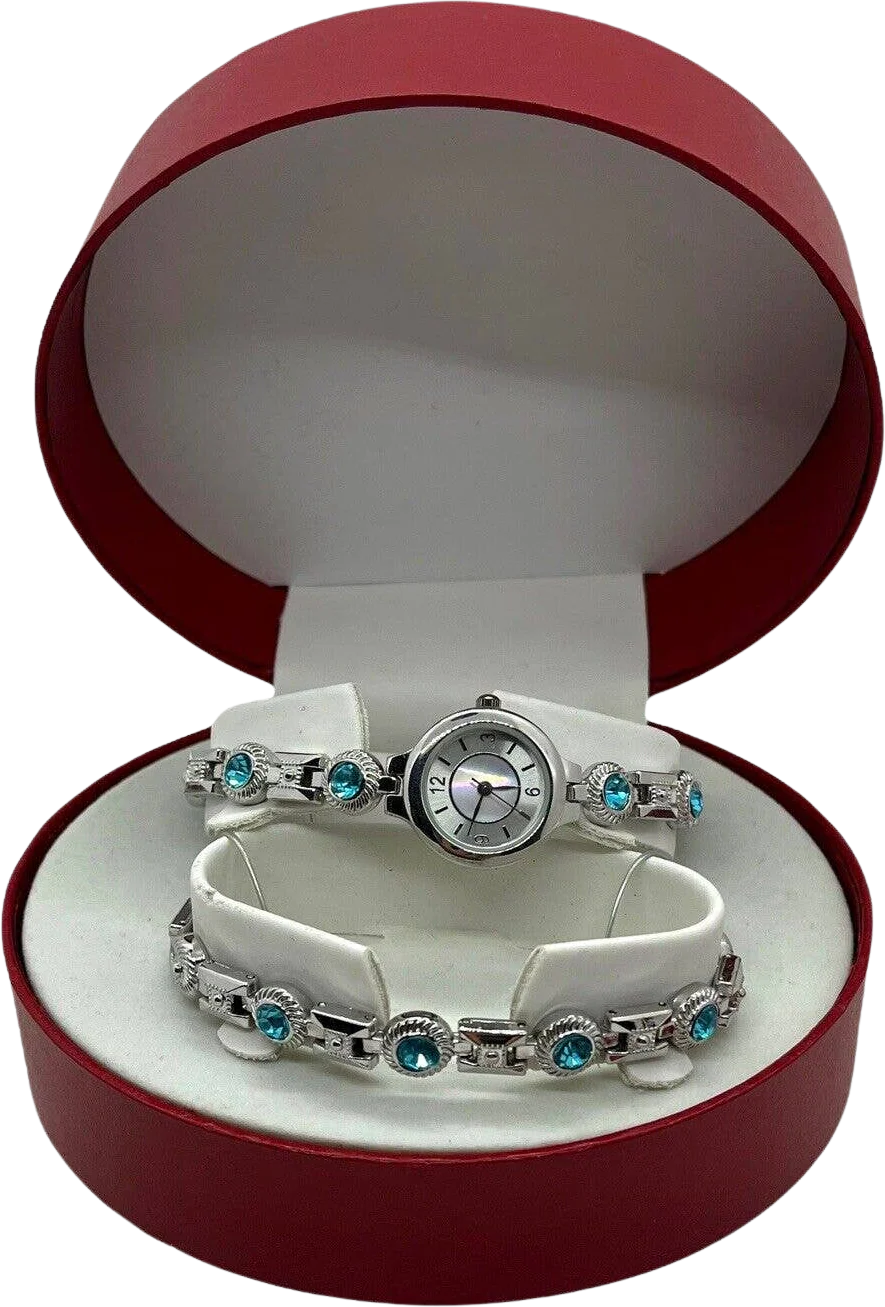 Watch Bracelet Set In Box Silver Tone Faux Blue Topaz Folding Clasp by Allude