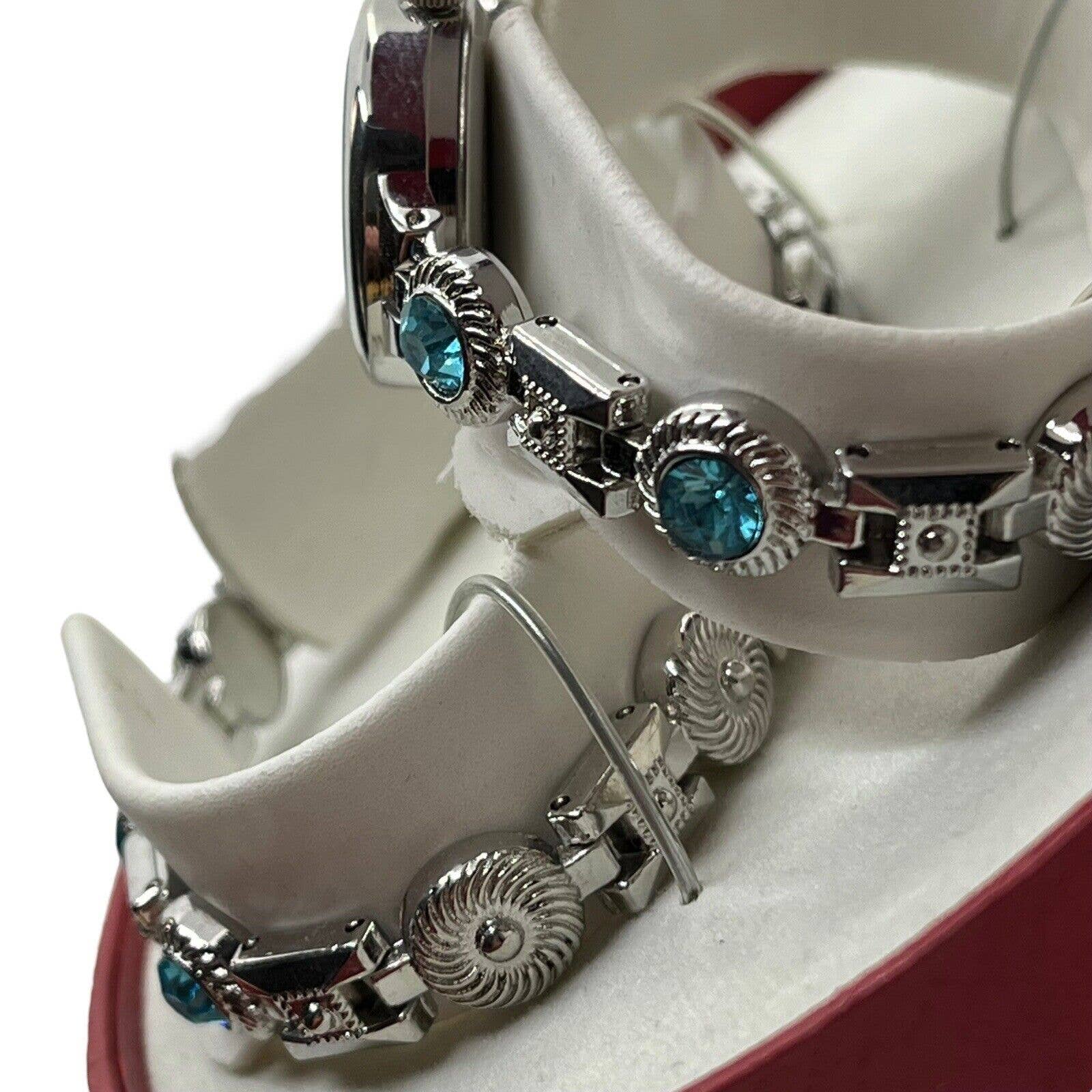 Watch Bracelet Set In Box Silver Tone Faux Blue Topaz Folding Clasp by Allude - Image 10