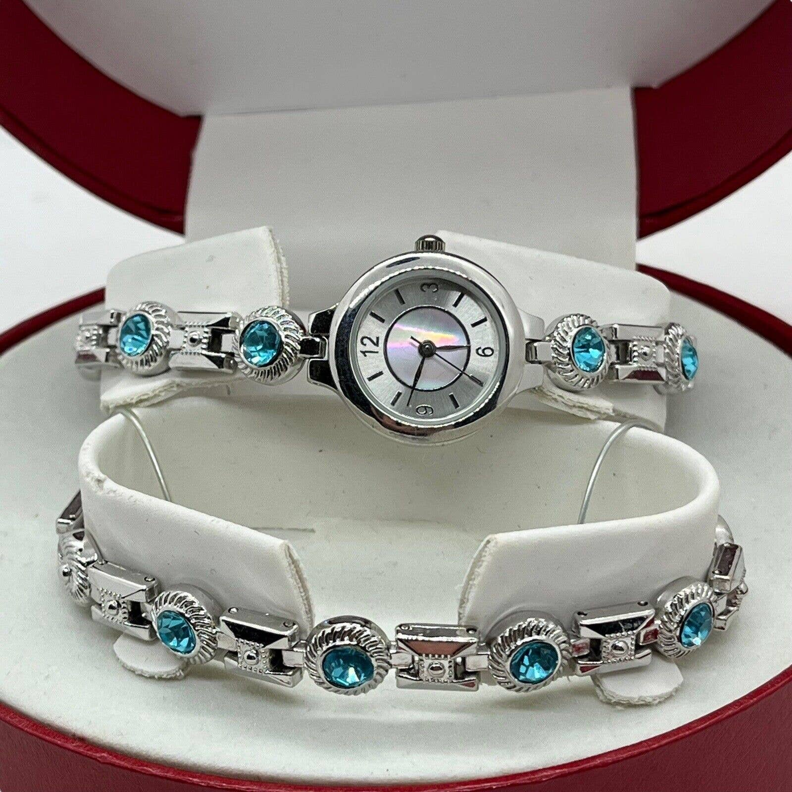 Watch Bracelet Set In Box Silver Tone Faux Blue Topaz Folding Clasp by Allude - Image 3