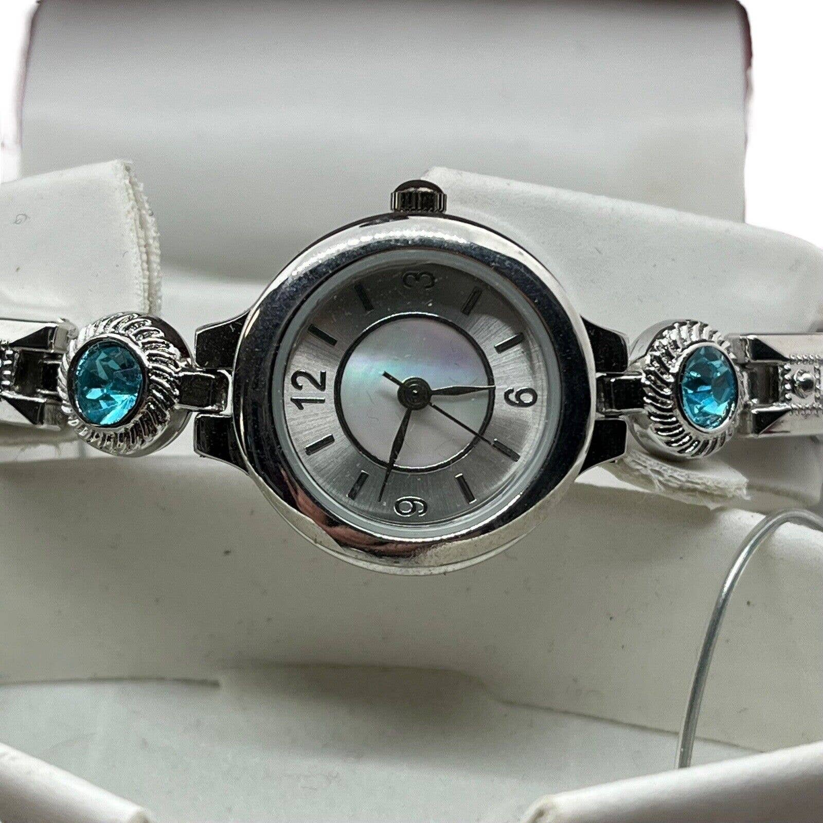 Watch Bracelet Set In Box Silver Tone Faux Blue Topaz Folding Clasp by Allude - Image 4