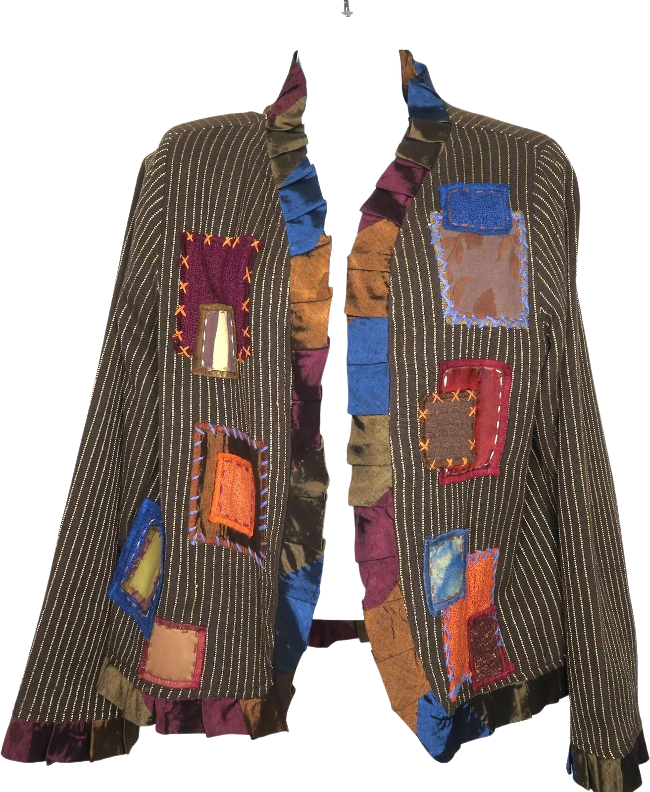 Wearable Art Jacket L Open Front Patchwork Pleated Ruffle Trim by Sharon Anthony