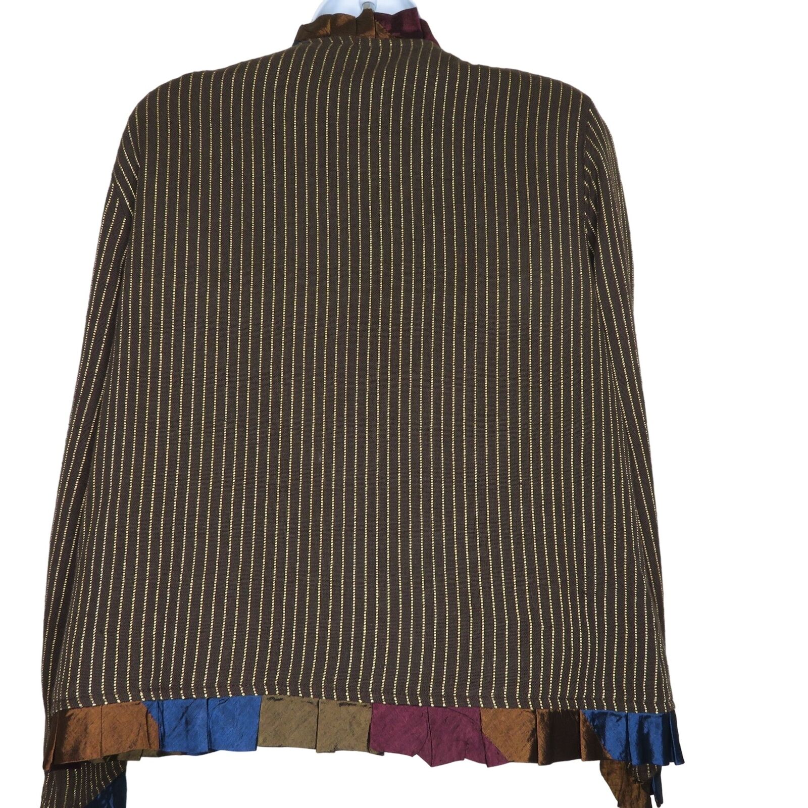 Wearable Art Jacket L Open Front Patchwork Pleated Ruffle Trim by Sharon Anthony - Image 2