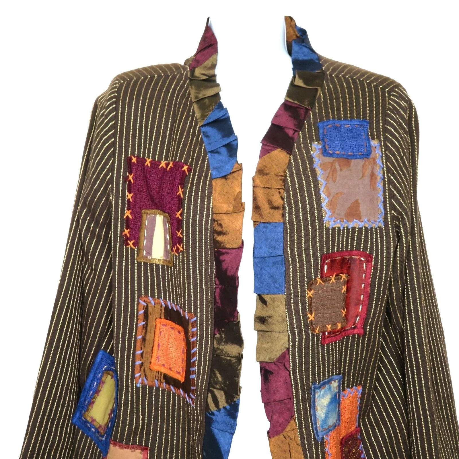 Wearable Art Jacket L Open Front Patchwork Pleated Ruffle Trim by Sharon Anthony - Image 3