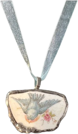 Western Bluebird Broken China Pendant Necklace Handcrafted Soft Solder and Ribbon