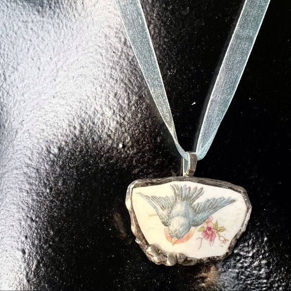 Western Bluebird Broken China Pendant Necklace Handcrafted Soft Solder and Ribbon - Image 8