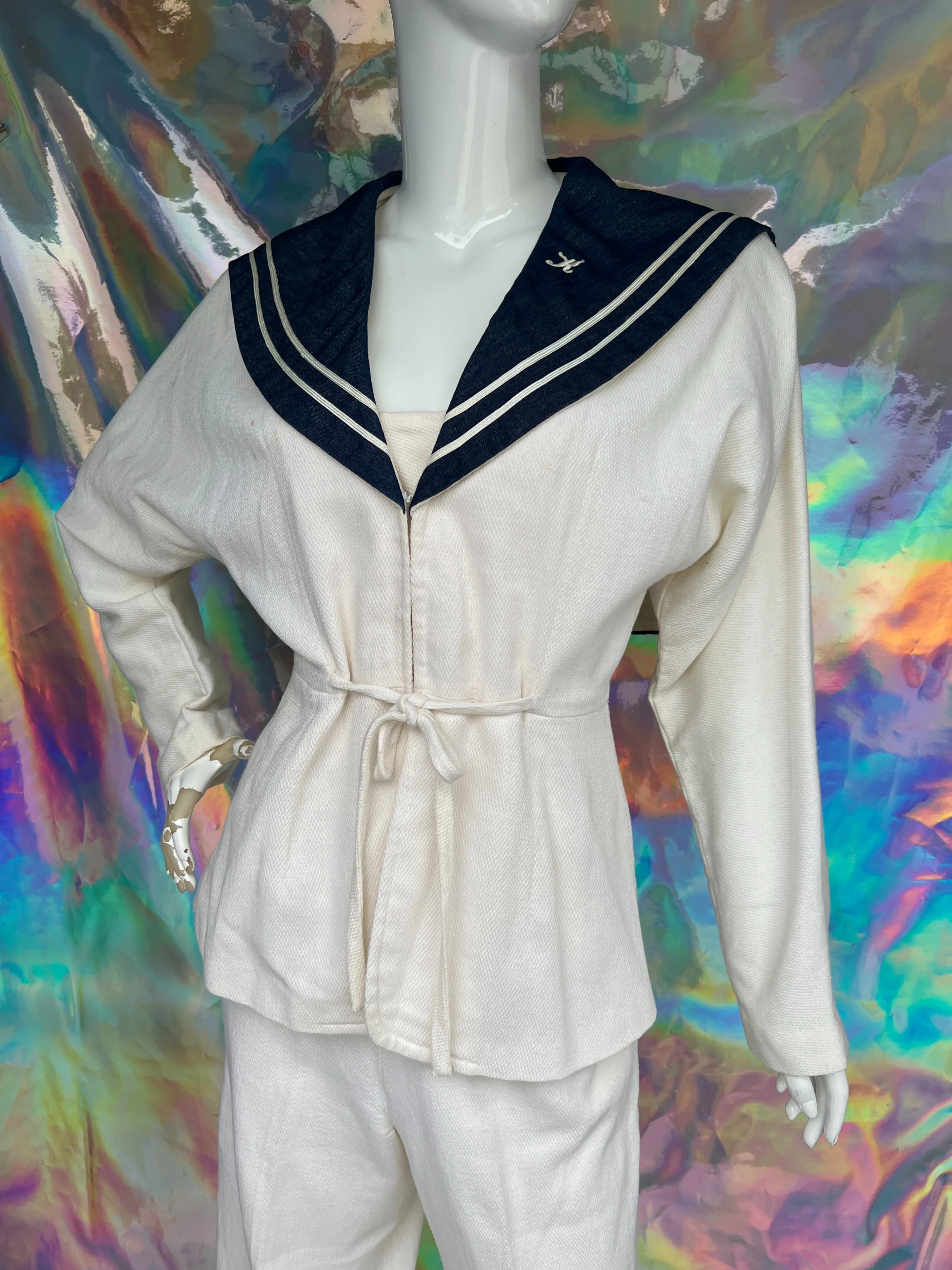 White and Blue Knit Two Piece Sailor Suit by Paulette King - Image 4