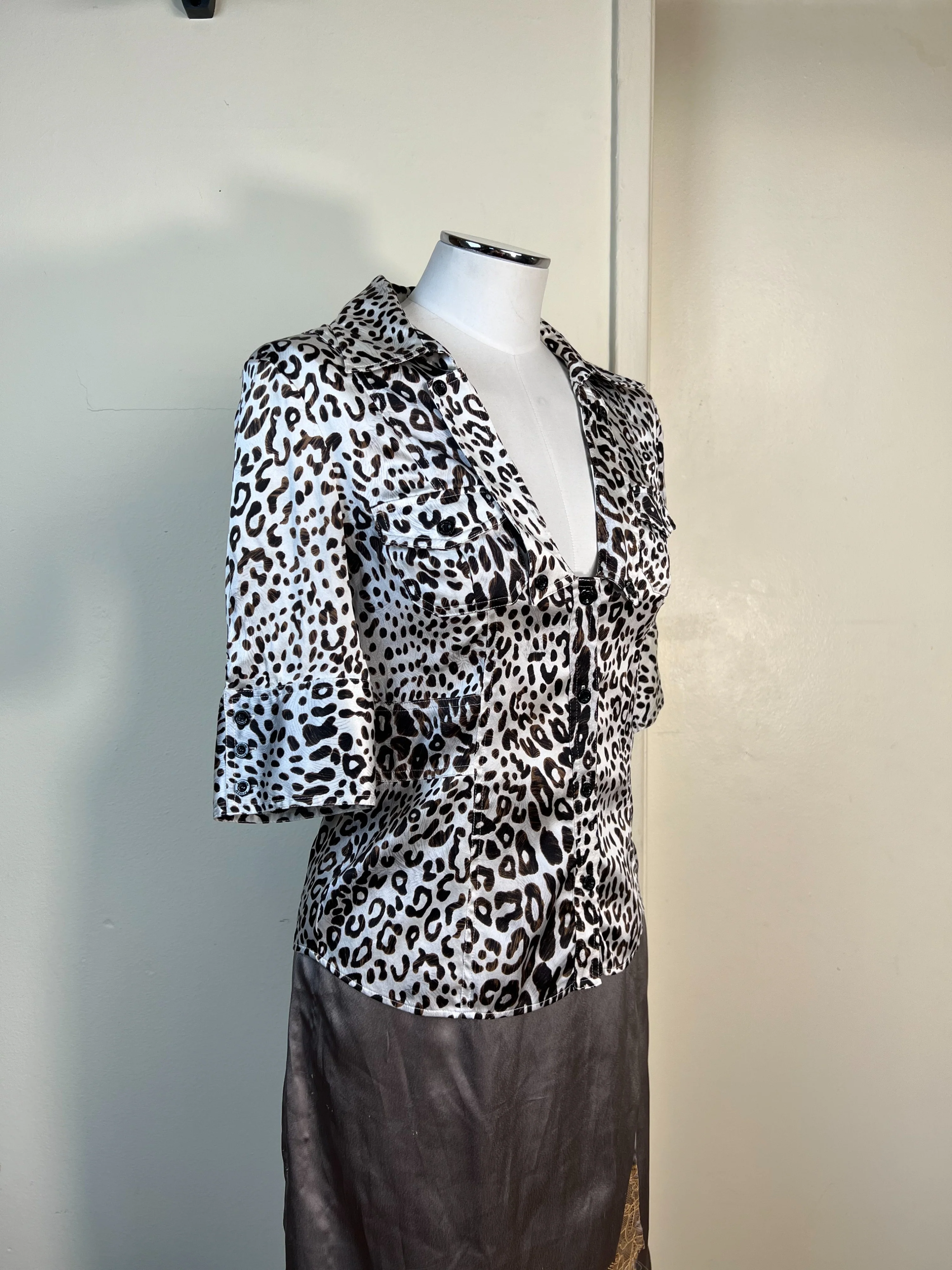White Animal Print Deep V Button Up Blouse by Marciano - Image 7