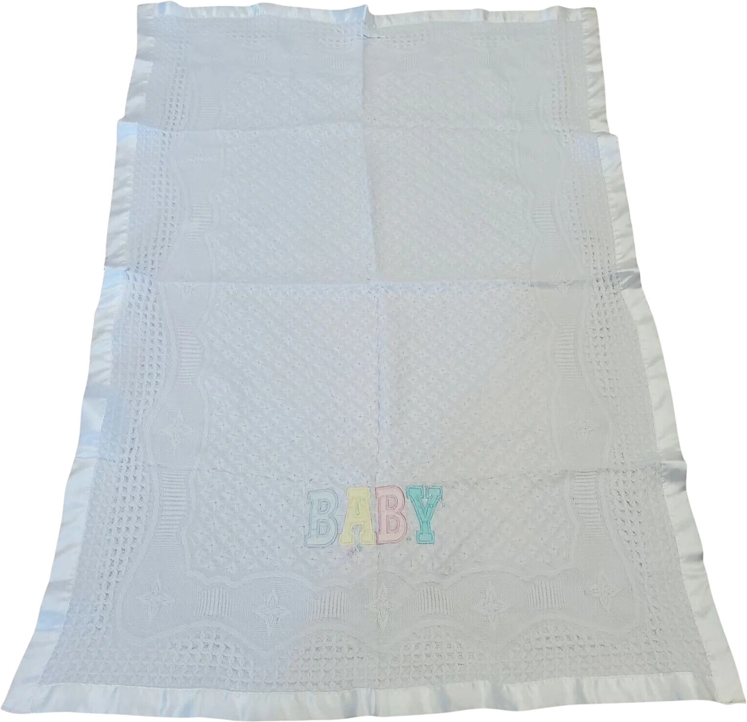 White Baby Blanket Thermal Satin Trim Unisex Acrylic Boy Girl 00s 36 X 50 "baby" by Bright Future