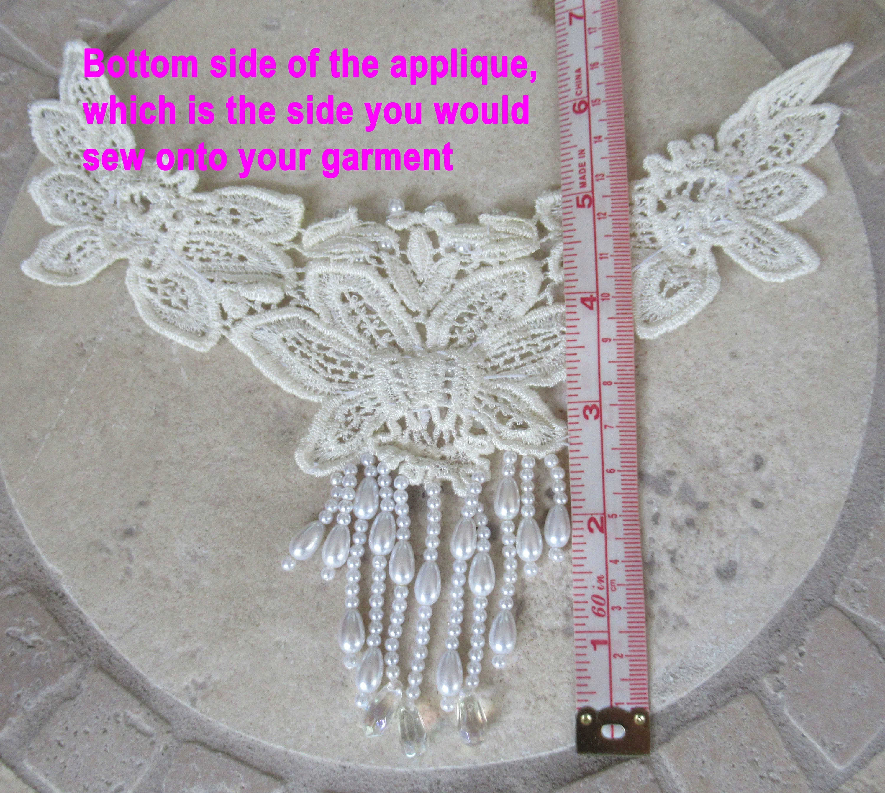White Beaded Applique for Wedding Dress Prom Dress Pageant Dress Or Formal Event Lace Sequins and Faux Pearls with 11 Rows of Dangle Beads - Image 8
