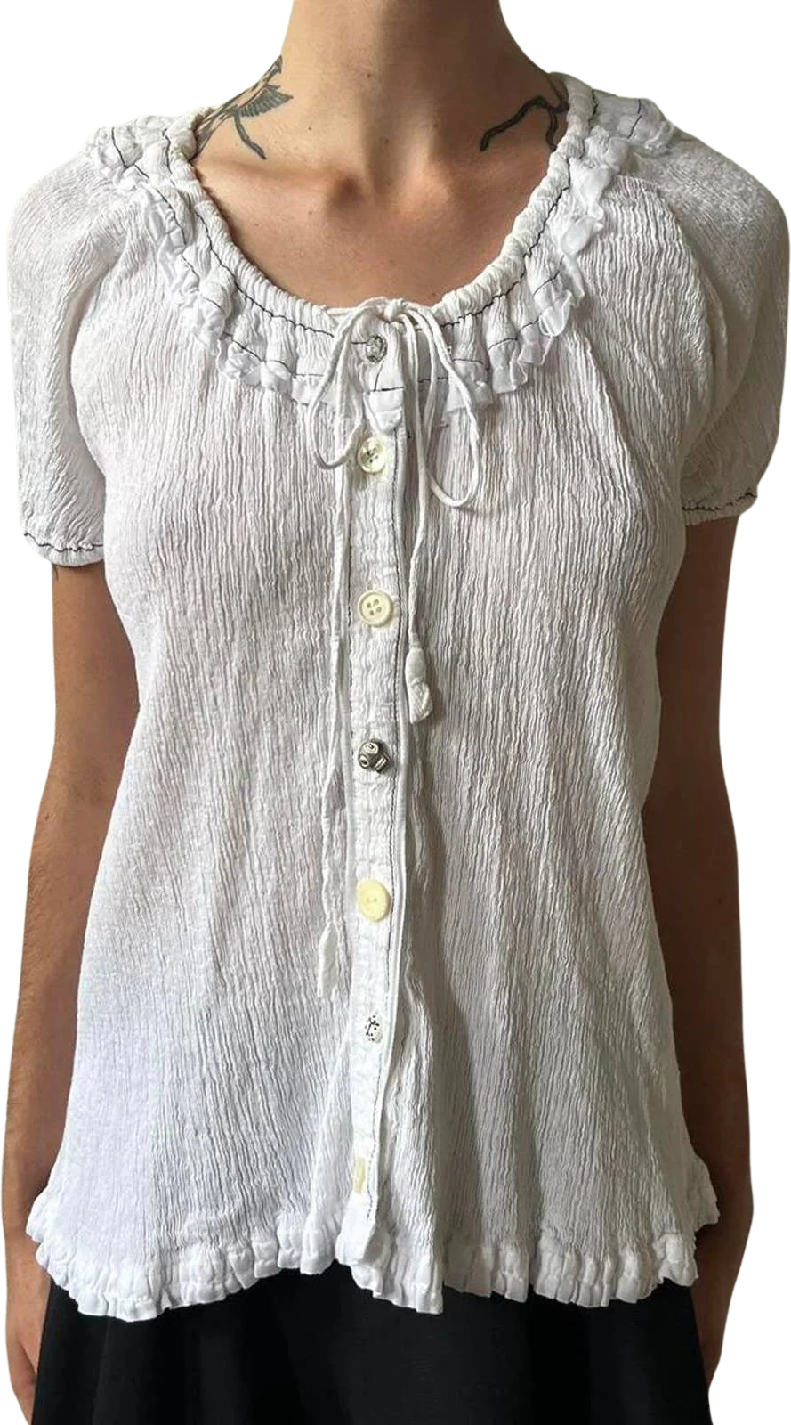 White Crinkle Cotton Garment Pleated Tie Up Mismatched Buttons Blouse by Tsumori Chisato