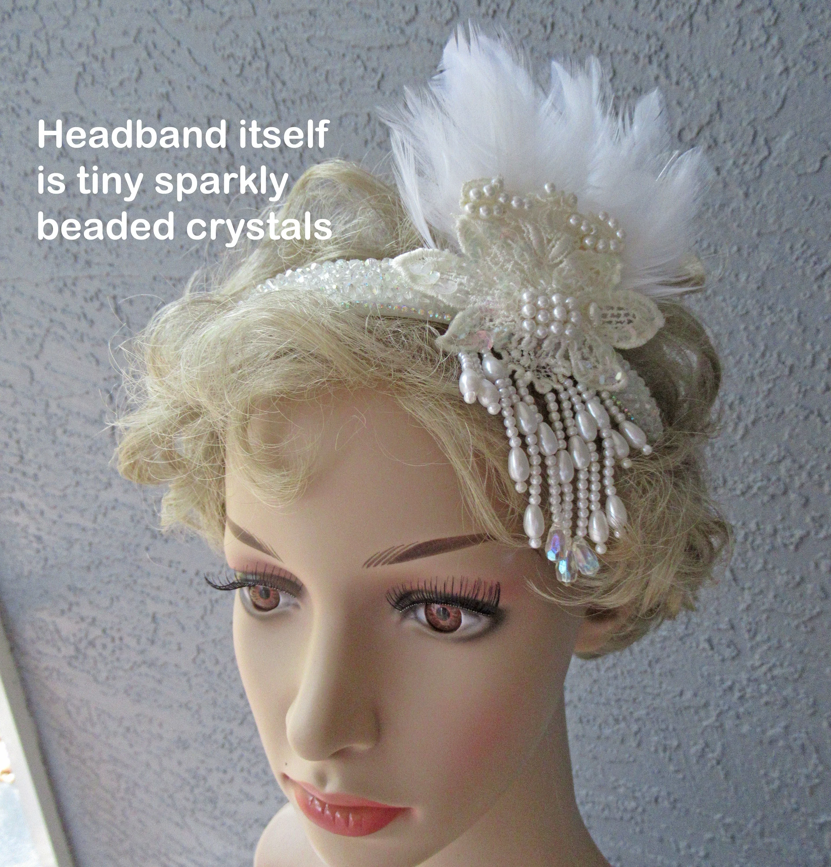 White Deco Inspired Headband 20s Flapper Style Beads Fabric Feathers and Clear Sequins Shiny Beaded Band Use As Headband Or On Forehead - Image 10