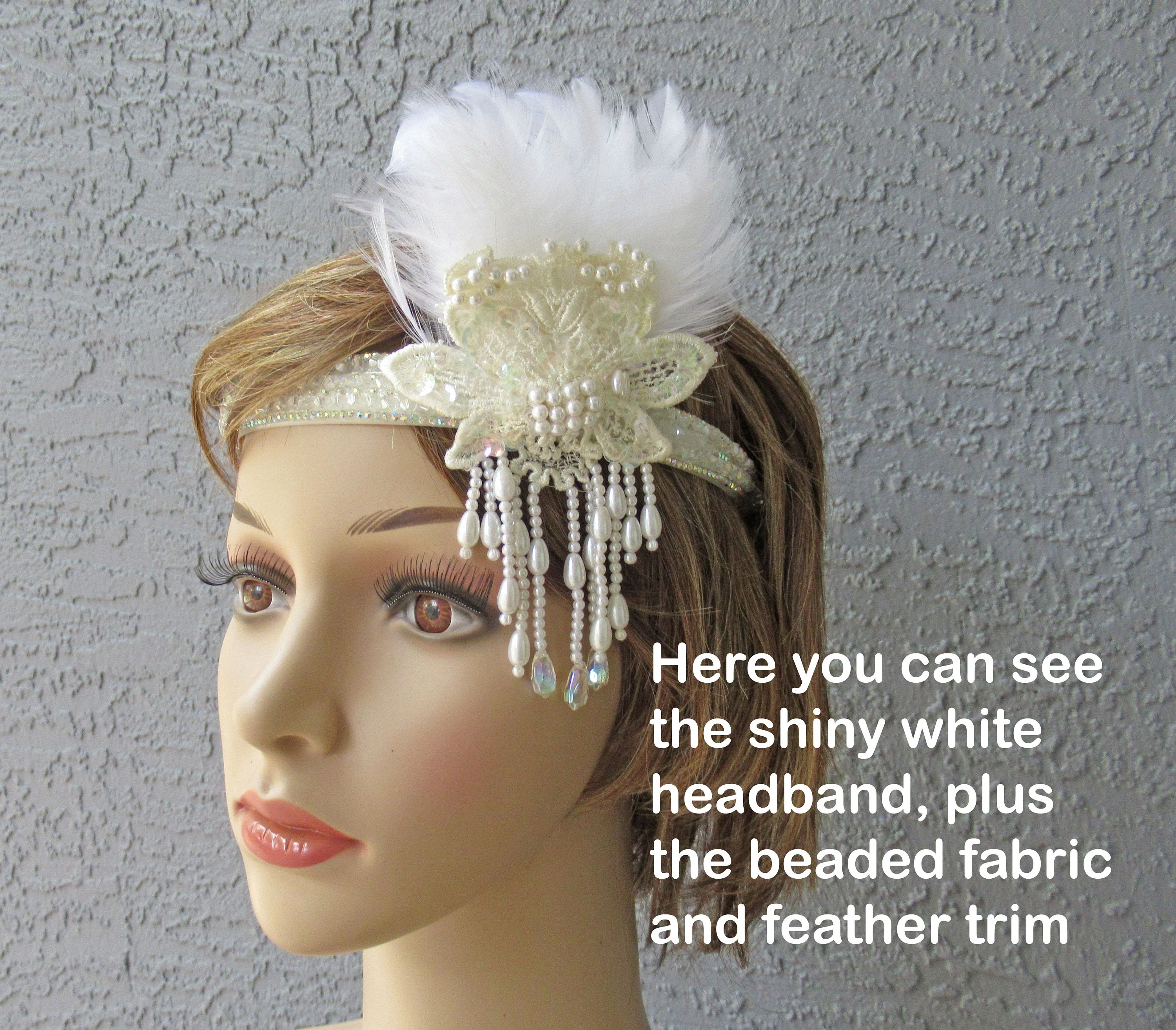 White Deco Inspired Headband 20s Flapper Style Beads Fabric Feathers and Clear Sequins Shiny Beaded Band Use As Headband Or On Forehead - Image 11