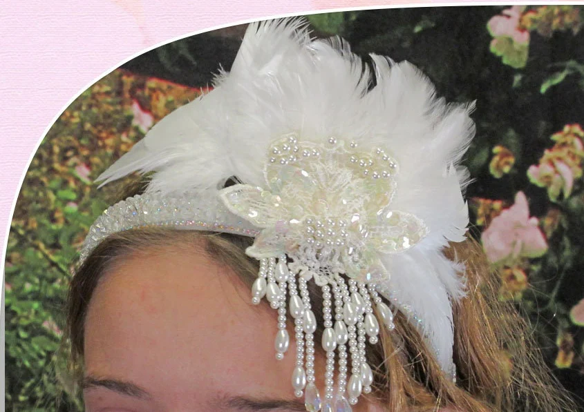 White Deco Inspired Headband 20s Flapper Style Beads Fabric Feathers and Clear Sequins Shiny Beaded Band Use As Headband Or On Forehead - Image 2