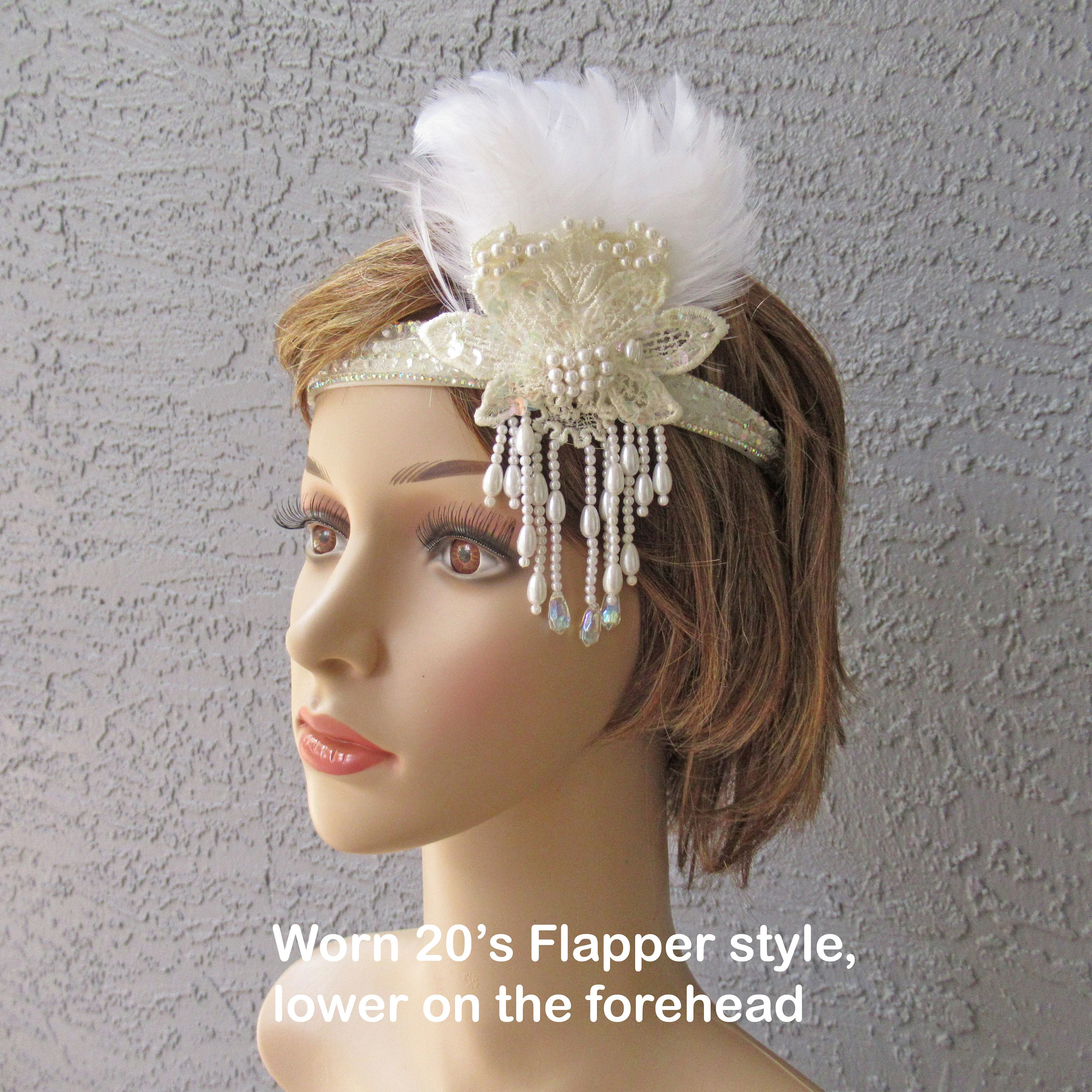 White Deco Inspired Headband 20s Flapper Style Beads Fabric Feathers and Clear Sequins Shiny Beaded Band Use As Headband Or On Forehead - Image 3