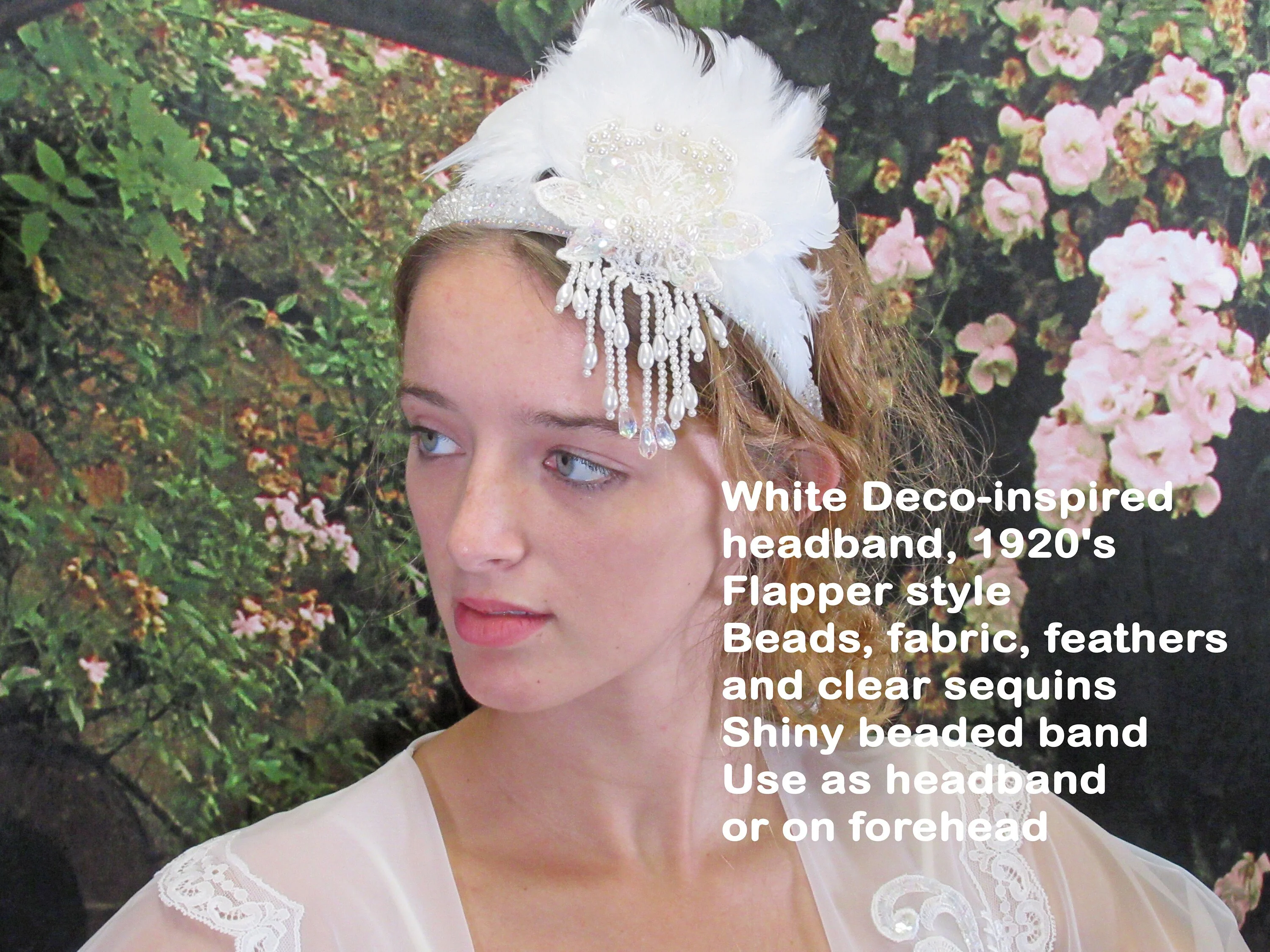 White Deco Inspired Headband 20s Flapper Style Beads Fabric Feathers and Clear Sequins Shiny Beaded Band Use As Headband Or On Forehead - Image 4