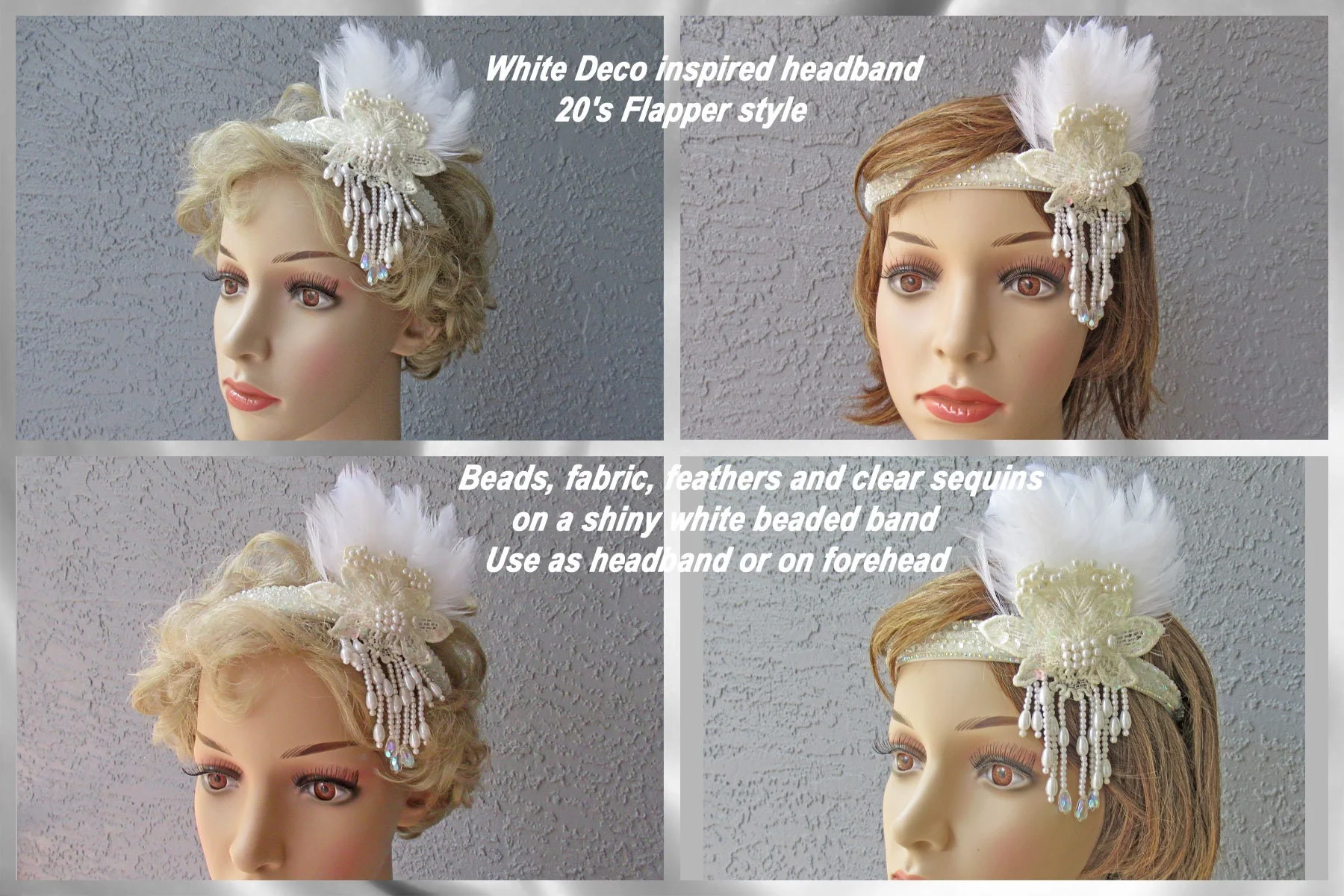 White Deco Inspired Headband 20s Flapper Style Beads Fabric Feathers and Clear Sequins Shiny Beaded Band Use As Headband Or On Forehead - Image 7