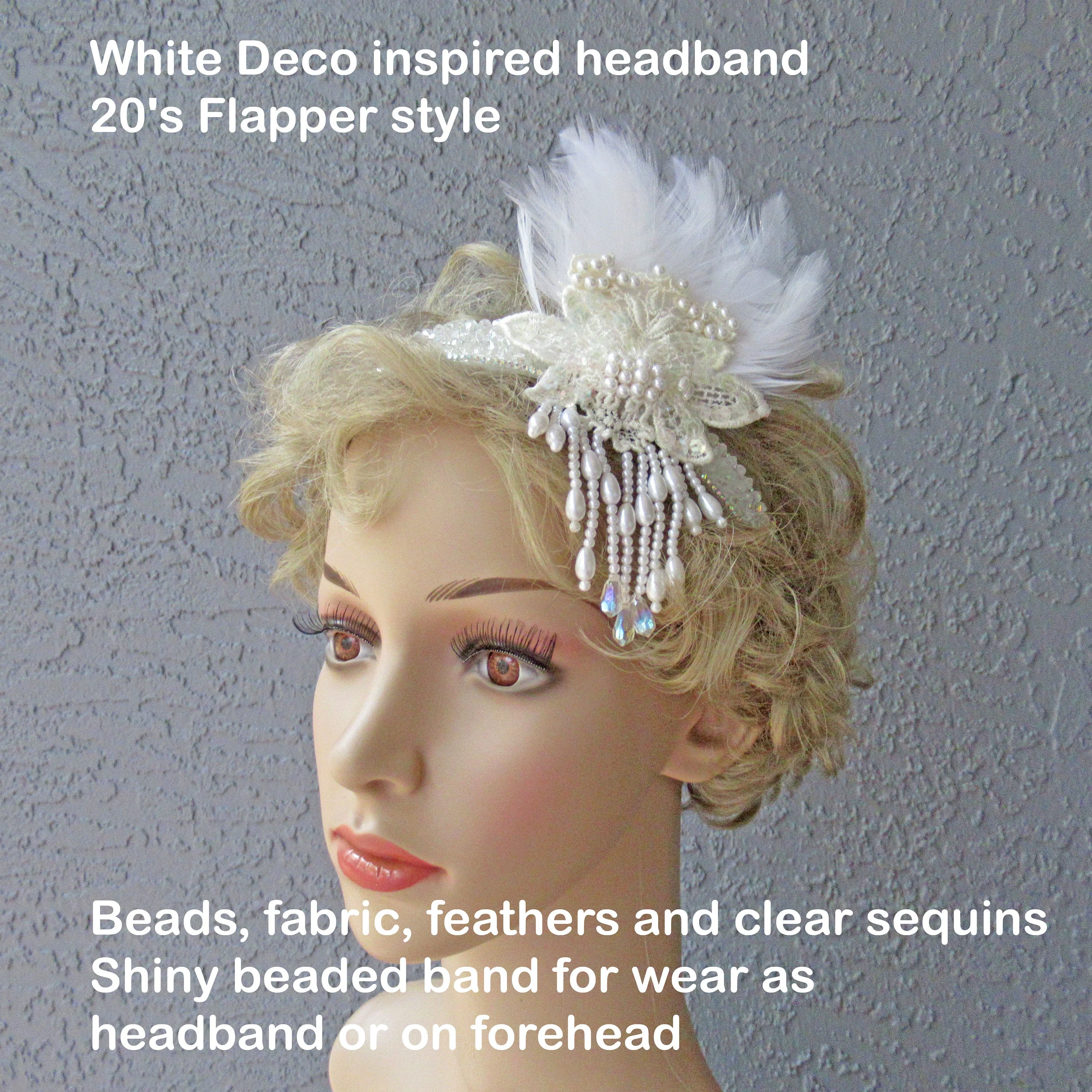 White Deco Inspired Headband 20s Flapper Style Beads Fabric Feathers and Clear Sequins Shiny Beaded Band Use As Headband Or On Forehead - Image 9