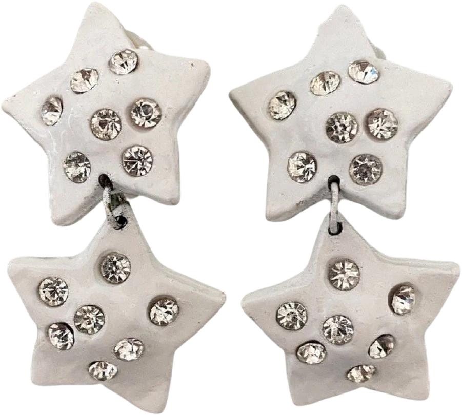 White Enamel Star Crystal Dangle Clip On Statement Earrings