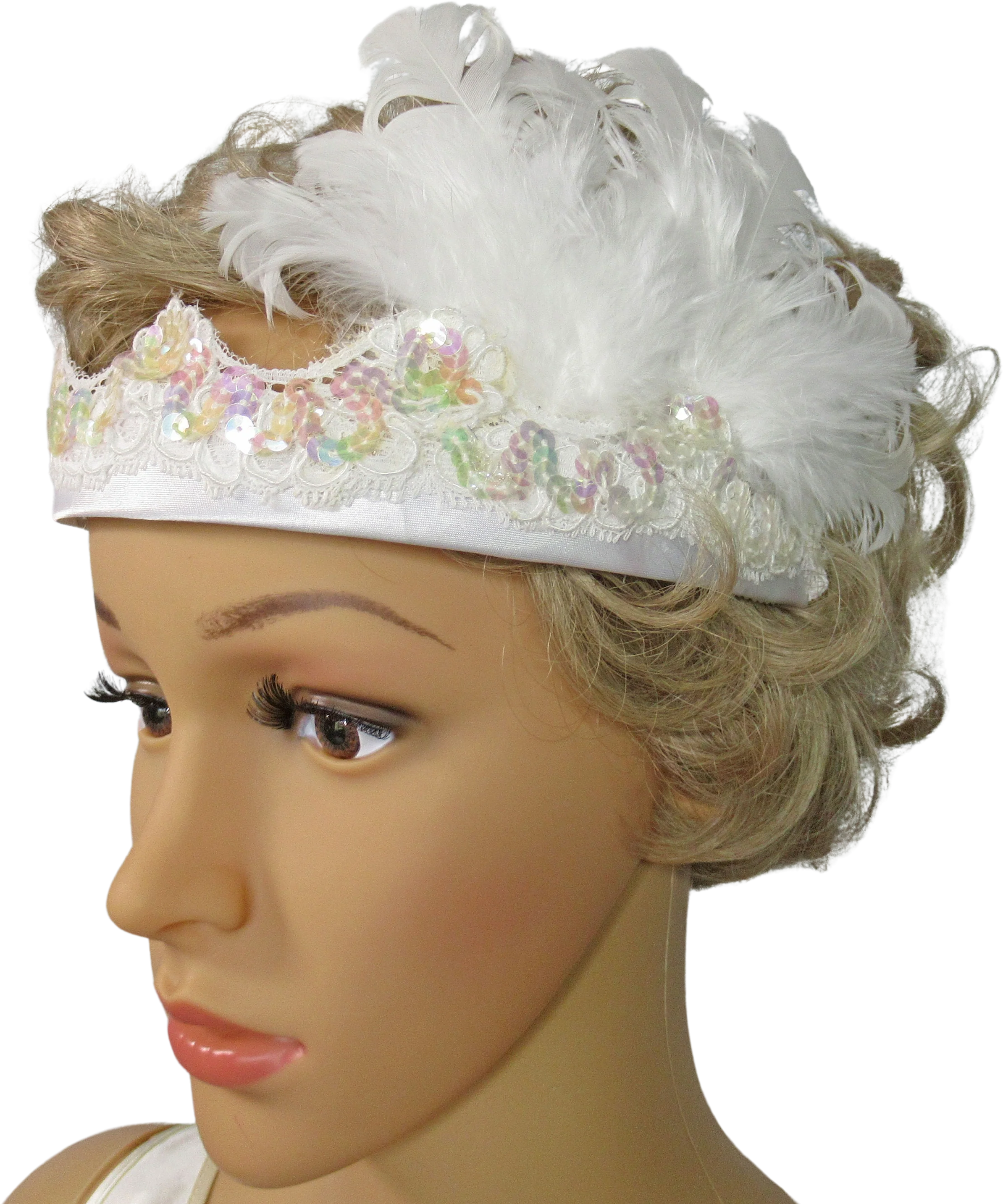 White Headband with White Aurora Borealis Beaded Scalloped Edge Lace and White Feathers 20s Inspired Flapper Or Classic Headband Style