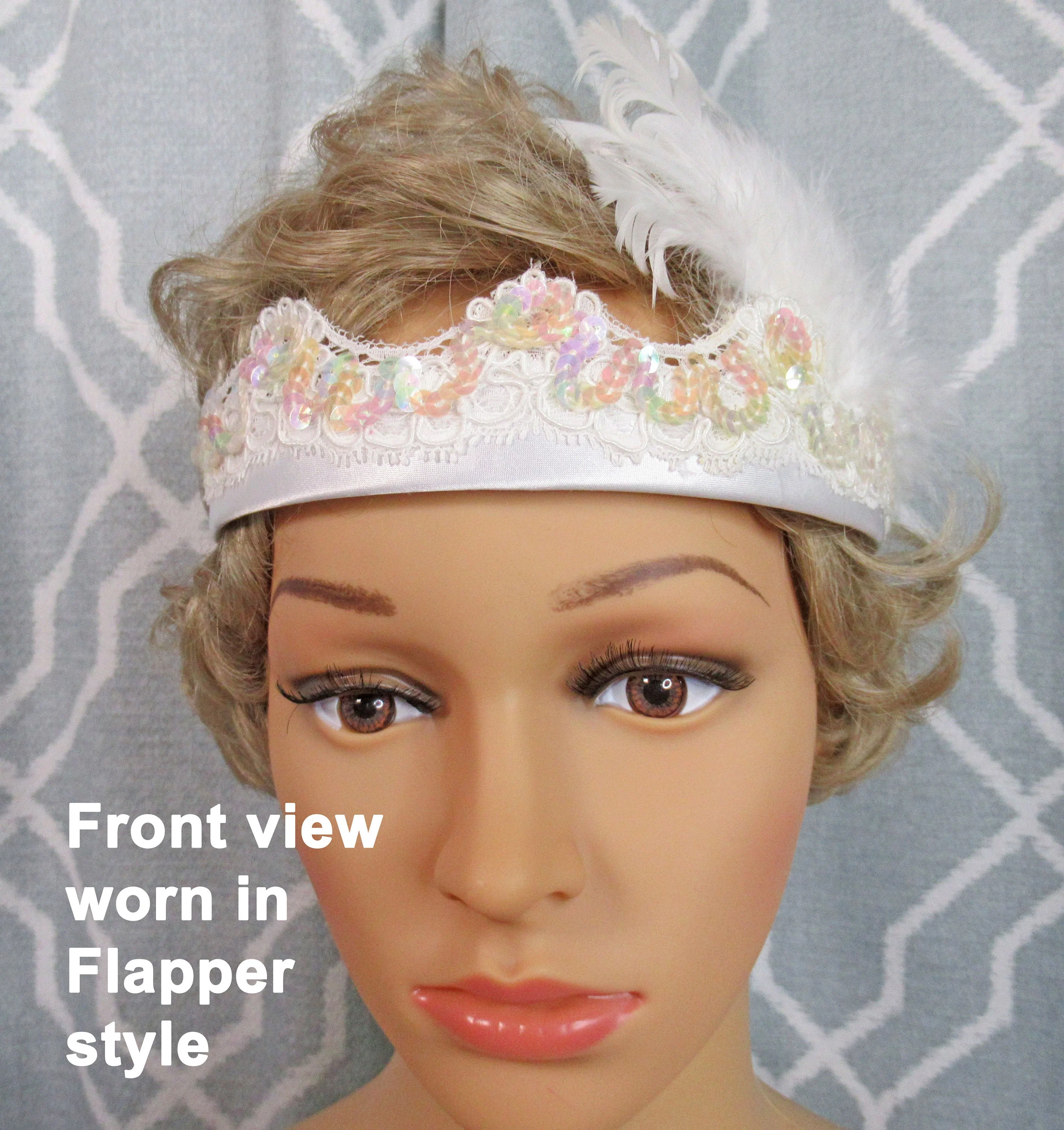 White Headband with White Aurora Borealis Beaded Scalloped Edge Lace and White Feathers 20s Inspired Flapper Or Classic Headband Style - Image 2