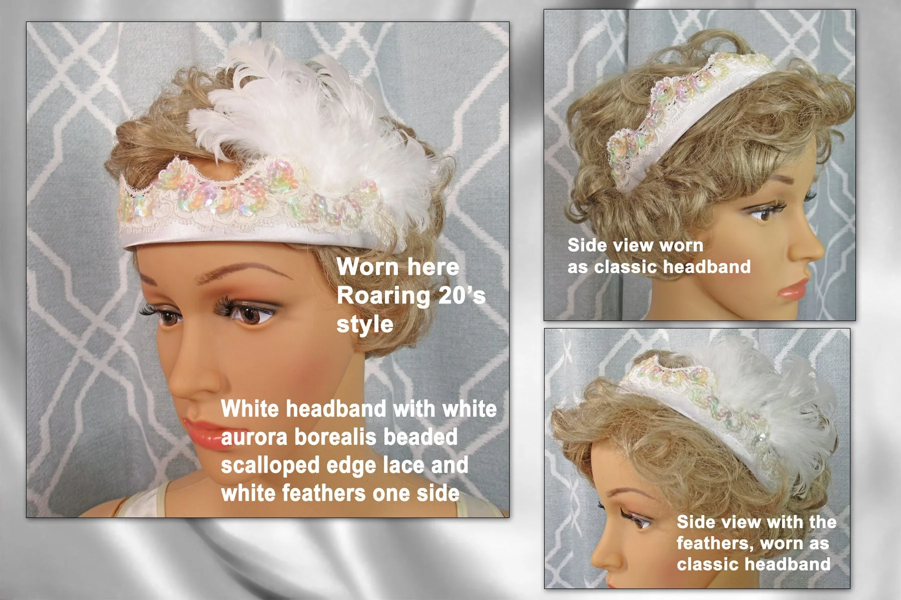 White Headband with White Aurora Borealis Beaded Scalloped Edge Lace and White Feathers 20s Inspired Flapper Or Classic Headband Style - Image 3