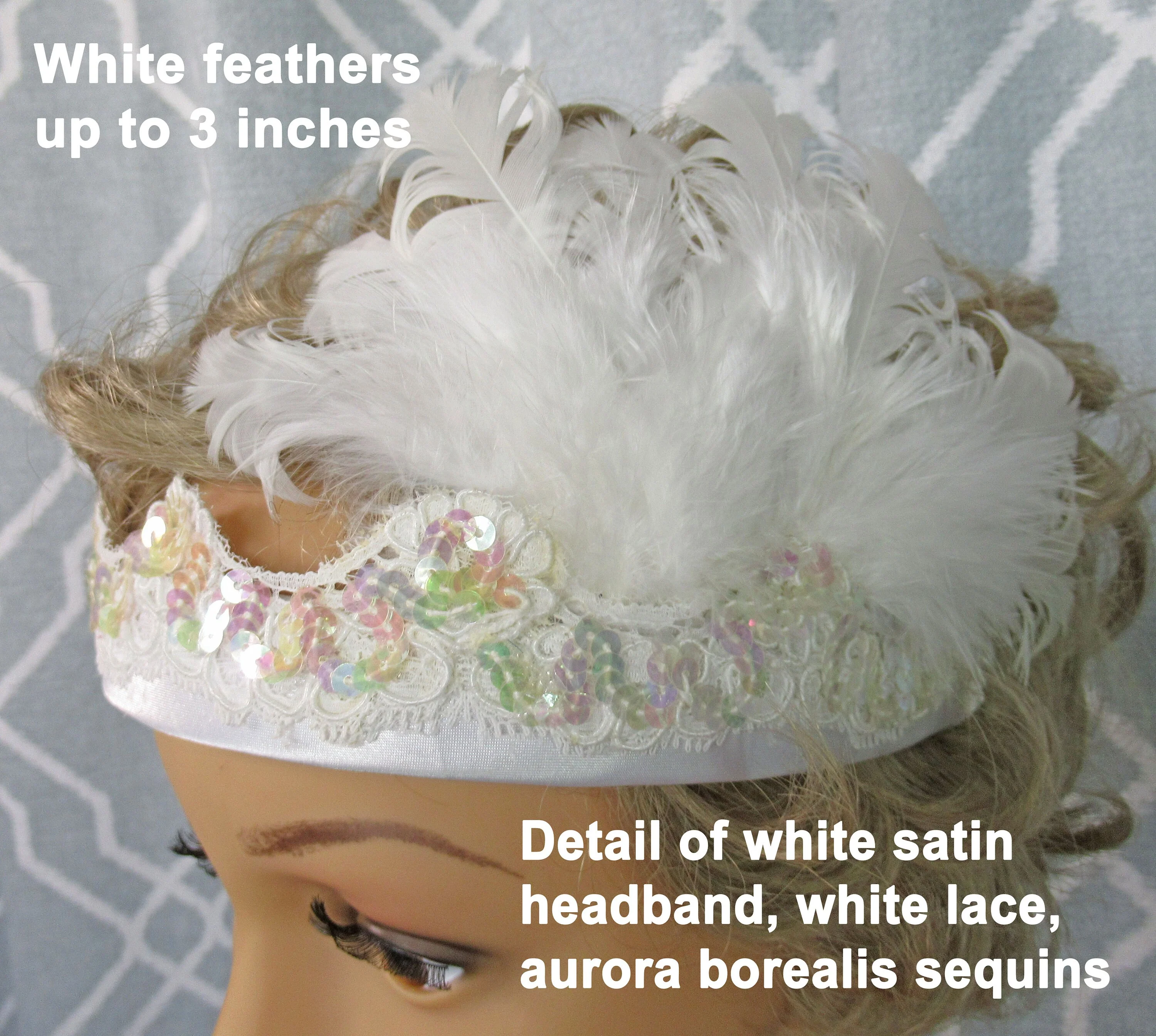 White Headband with White Aurora Borealis Beaded Scalloped Edge Lace and White Feathers 20s Inspired Flapper Or Classic Headband Style - Image 4