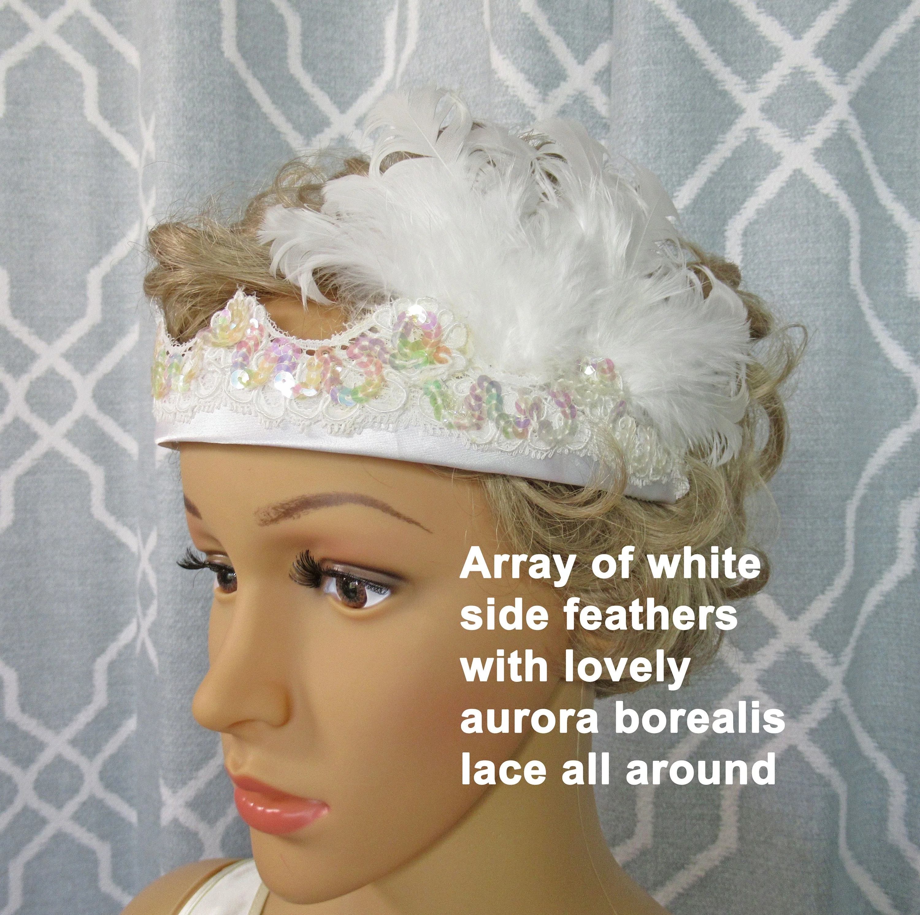 White Headband with White Aurora Borealis Beaded Scalloped Edge Lace and White Feathers 20s Inspired Flapper Or Classic Headband Style - Image 5