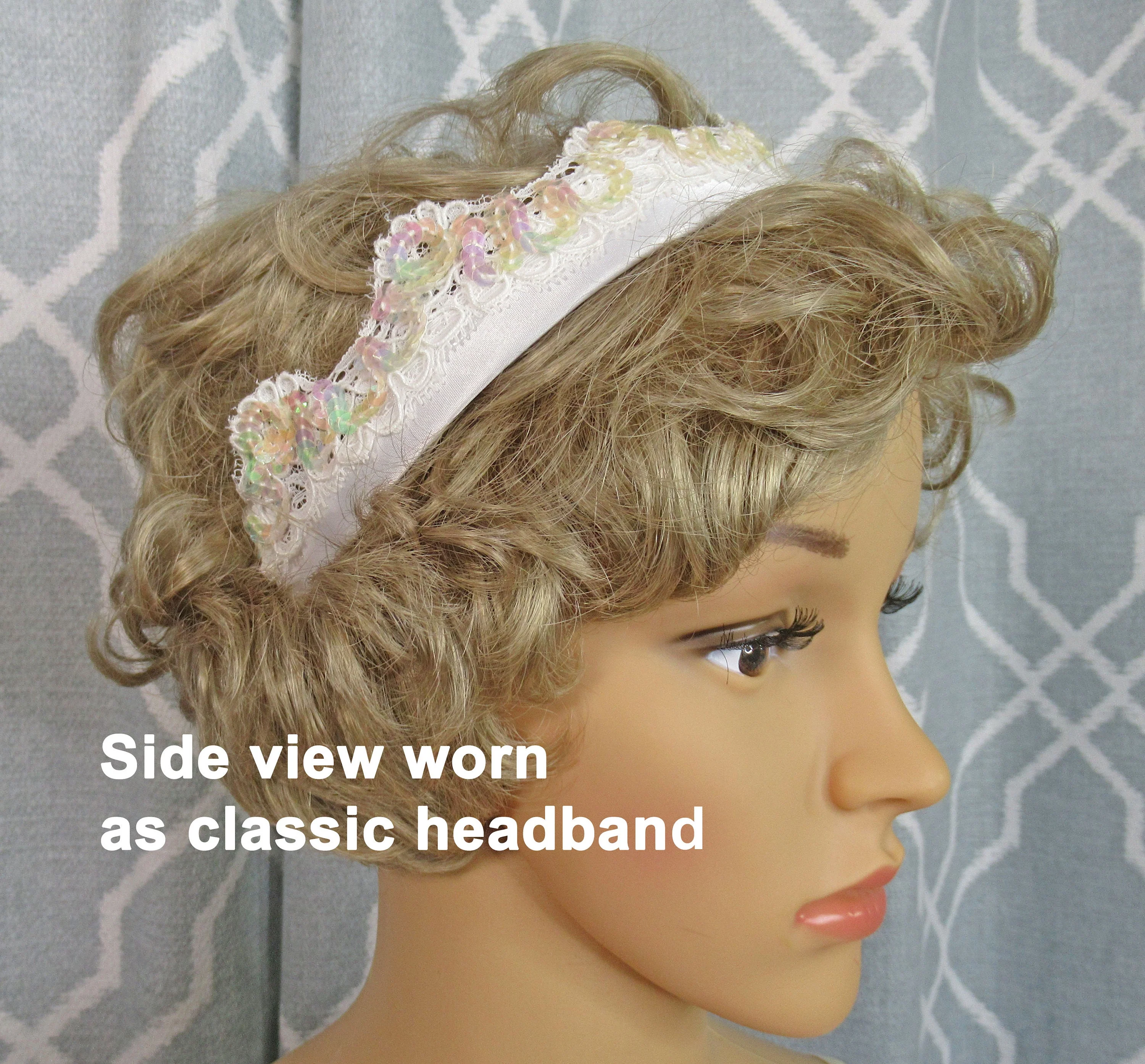 White Headband with White Aurora Borealis Beaded Scalloped Edge Lace and White Feathers 20s Inspired Flapper Or Classic Headband Style - Image 6