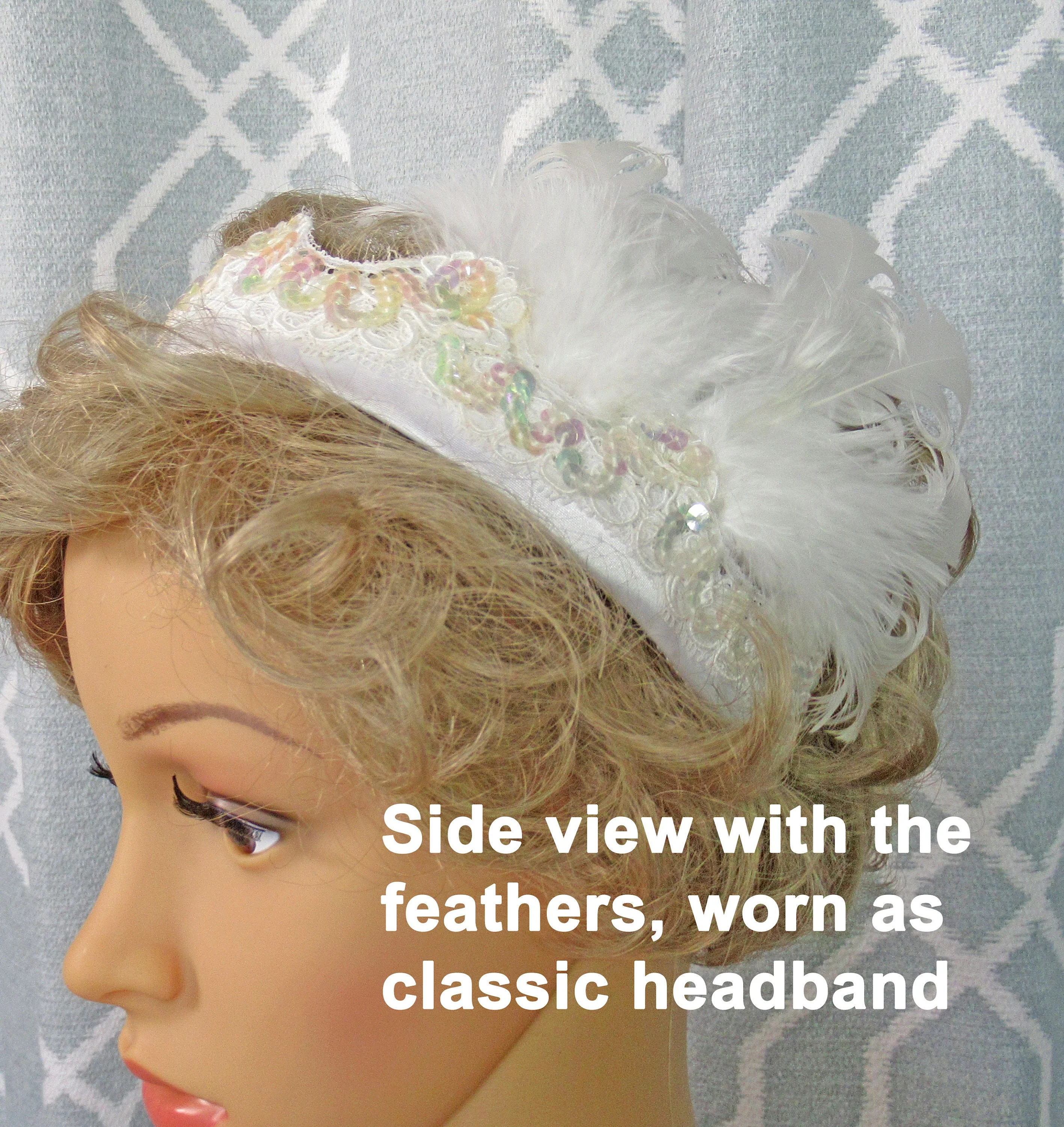 White Headband with White Aurora Borealis Beaded Scalloped Edge Lace and White Feathers 20s Inspired Flapper Or Classic Headband Style - Image 7