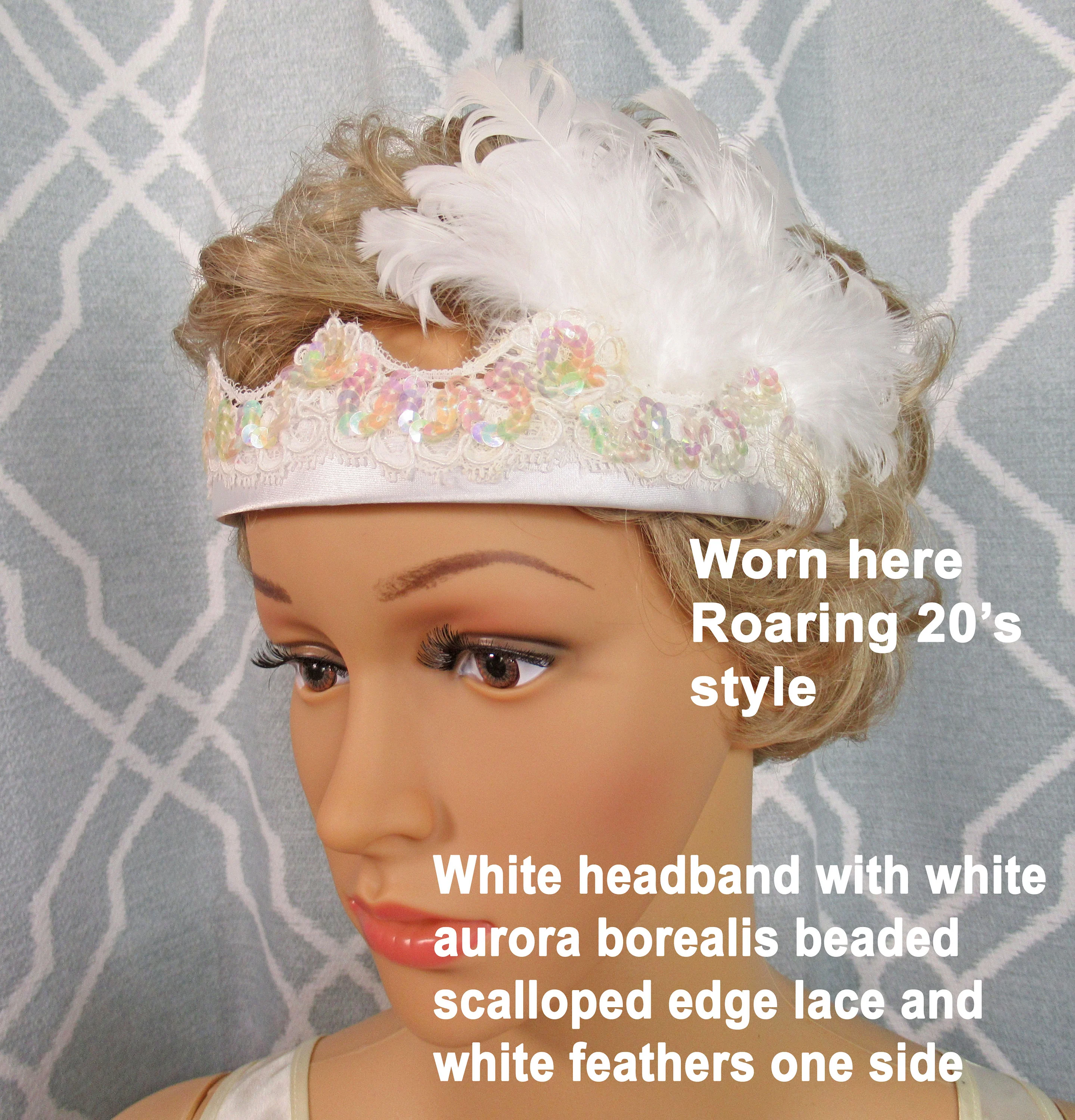 White Headband with White Aurora Borealis Beaded Scalloped Edge Lace and White Feathers 20s Inspired Flapper Or Classic Headband Style - Image 8