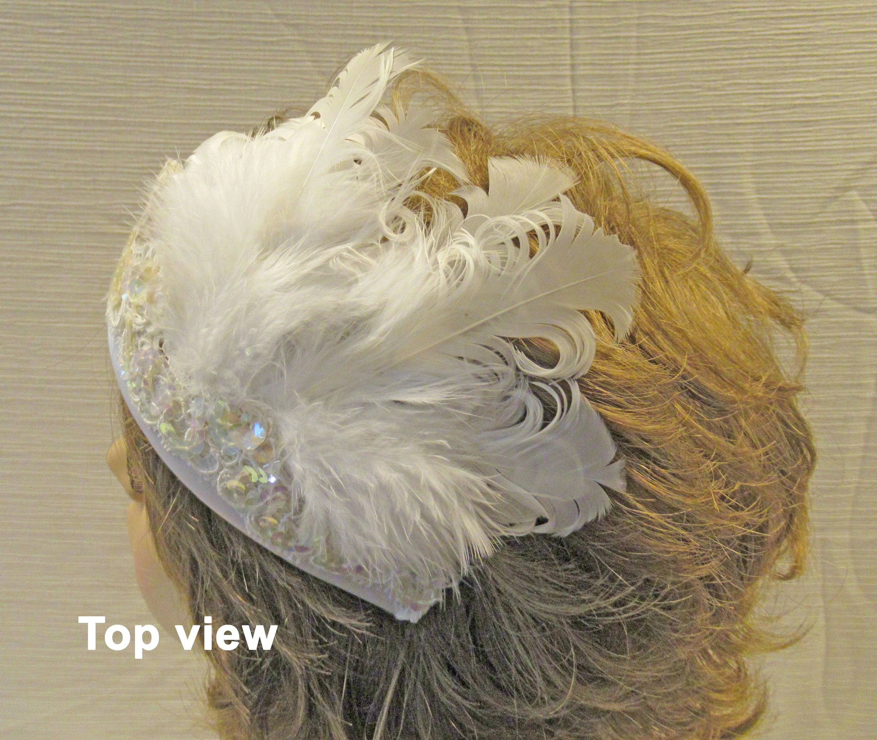White Headband with White Aurora Borealis Beaded Scalloped Edge Lace and White Feathers 20s Inspired Flapper Or Classic Headband Style - Image 9