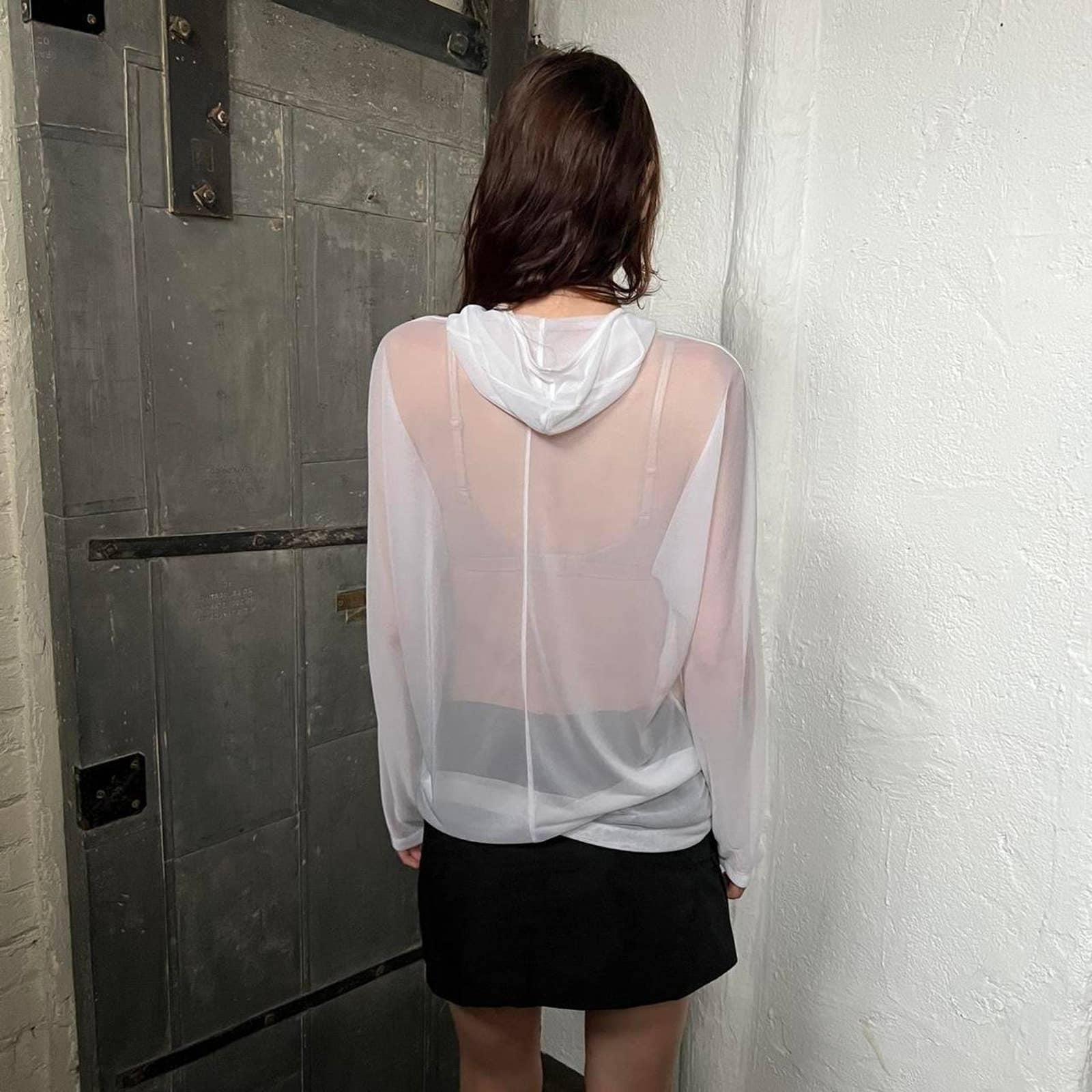 White Mesh Mini Hood Top by Yohji Yamamoto - Image 2