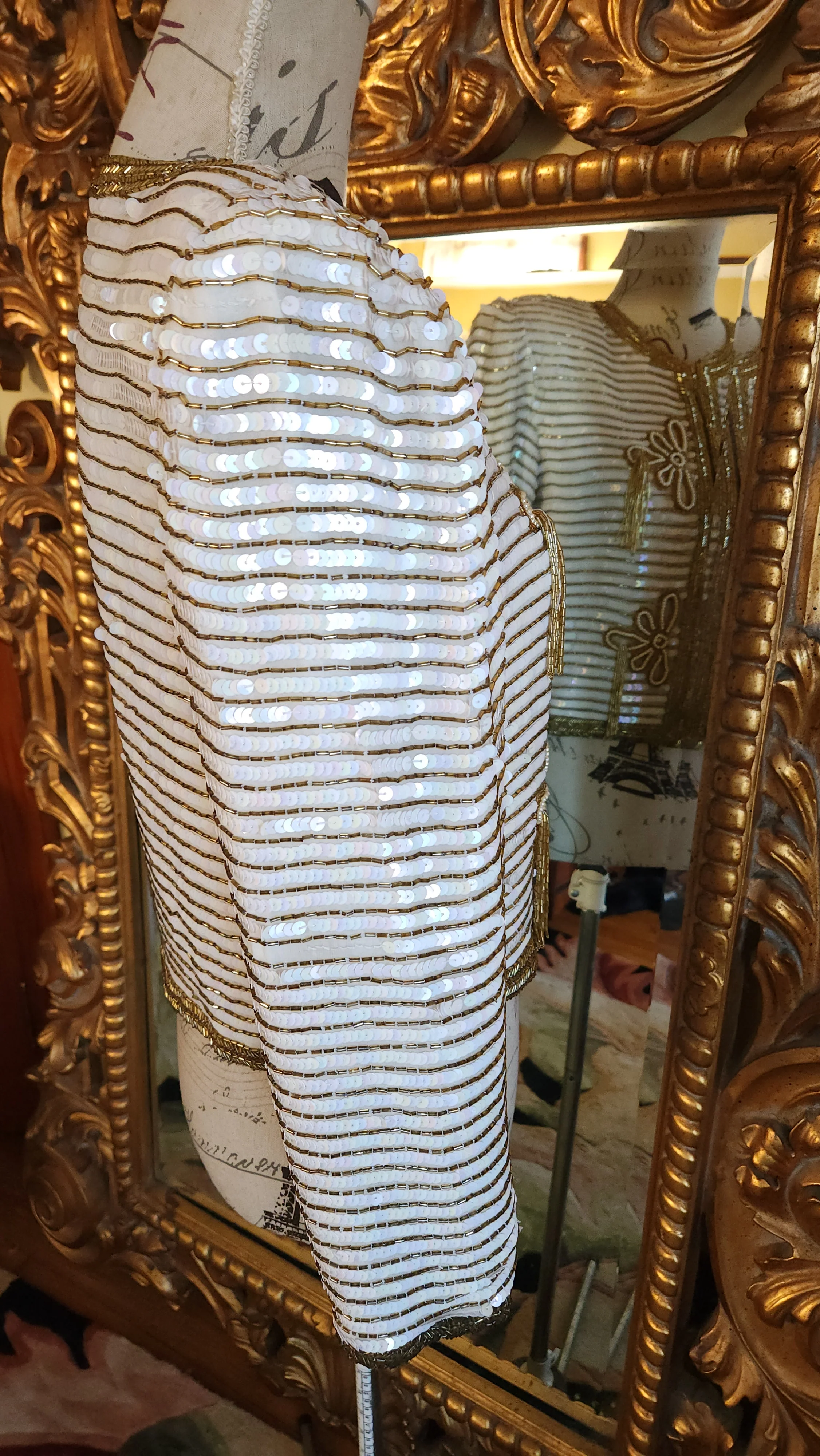 White Sequin And Gold Beaded Tassle Jacket - Image 3