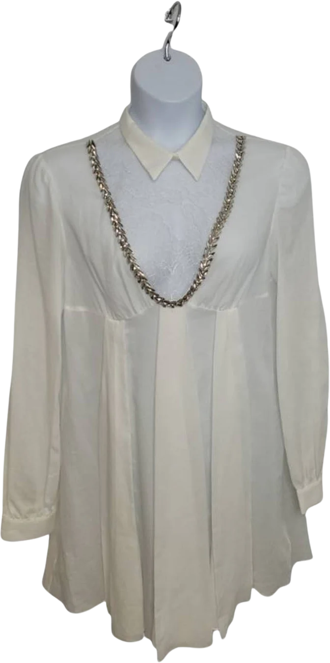 White Shirt Dress Gauze Long Sleeve Lace Yoke and Crystal by Francesco Scognamiglio