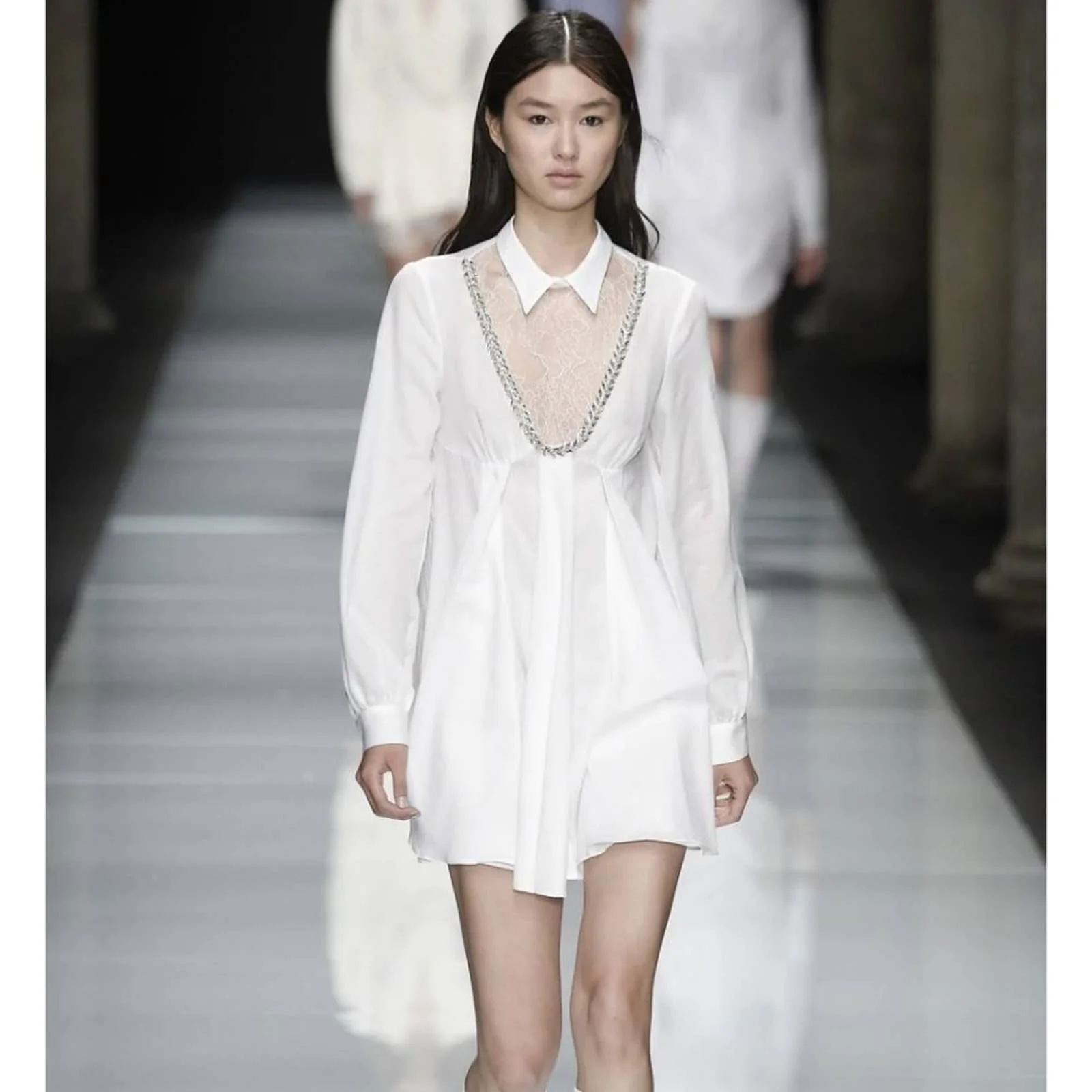 White Shirt Dress Gauze Long Sleeve Lace Yoke and Crystal by Francesco Scognamiglio - Image 13