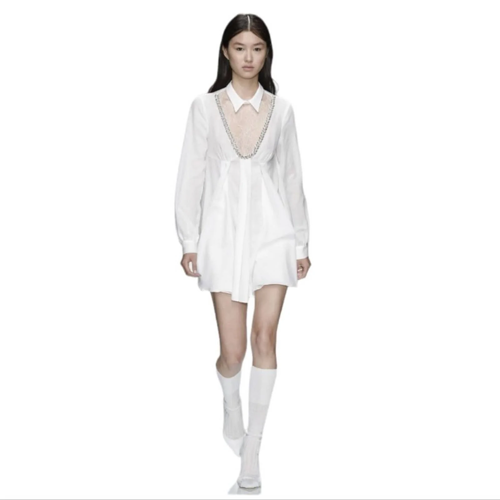 White Shirt Dress Gauze Long Sleeve Lace Yoke and Crystal by Francesco Scognamiglio - Image 3
