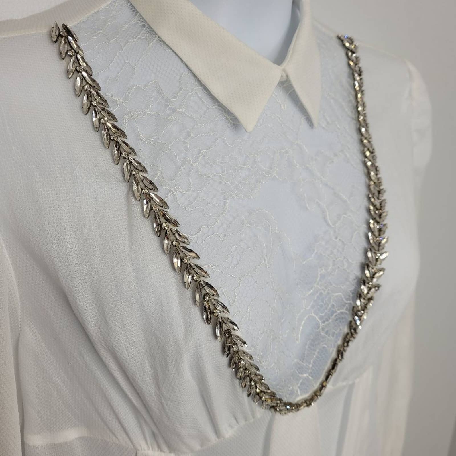 White Shirt Dress Gauze Long Sleeve Lace Yoke and Crystal by Francesco Scognamiglio - Image 7