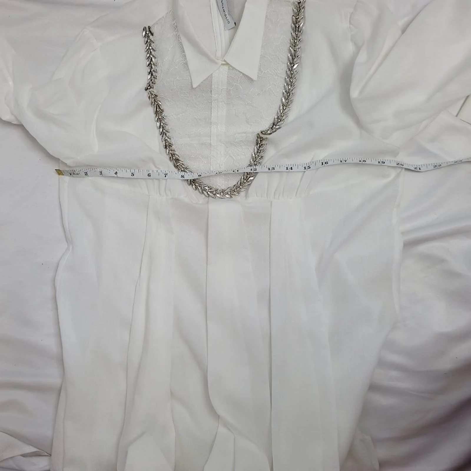 White Shirt Dress Gauze Long Sleeve Lace Yoke and Crystal by Francesco Scognamiglio - Image 9